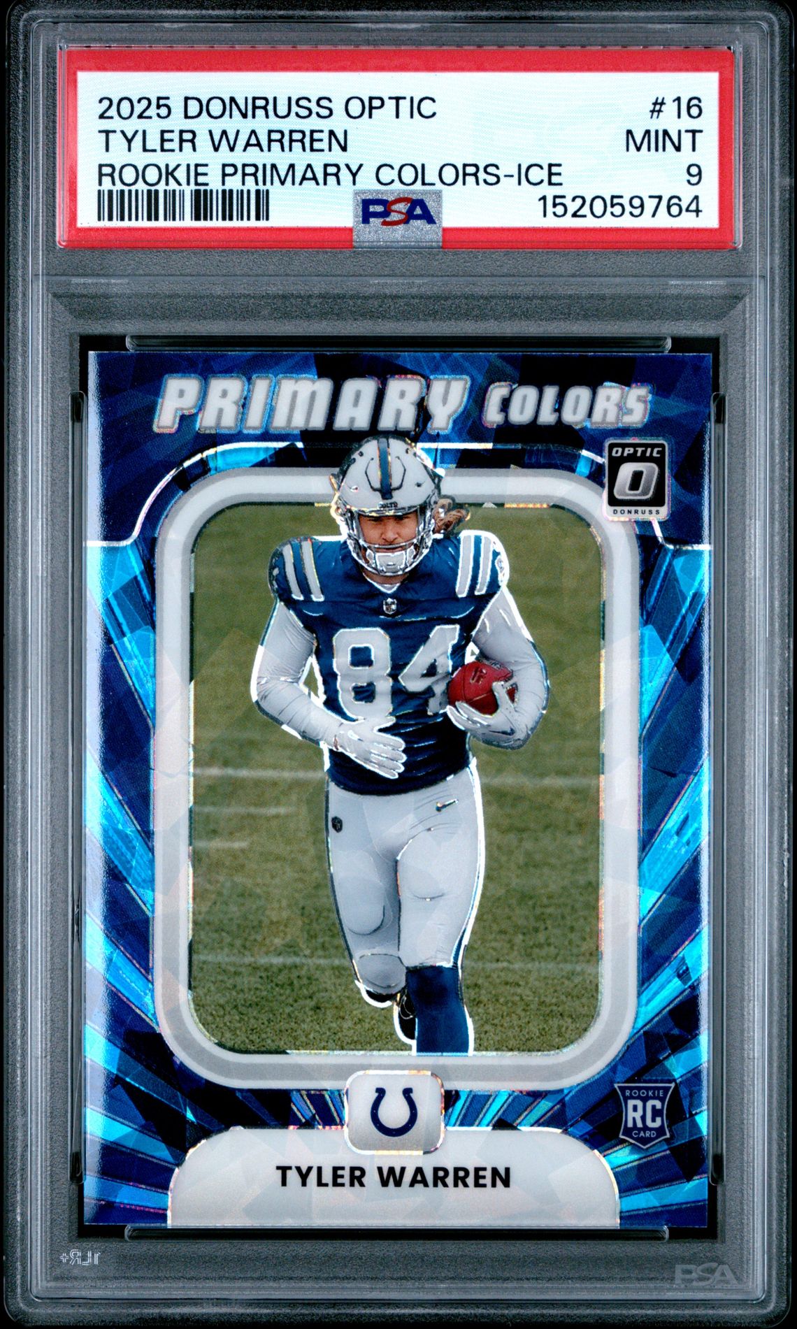 2025 Panini Donruss Optic Rookie Primary Colors Tyler Warren #16 (Rookie Primary Colors-Ice) Mint 9 front