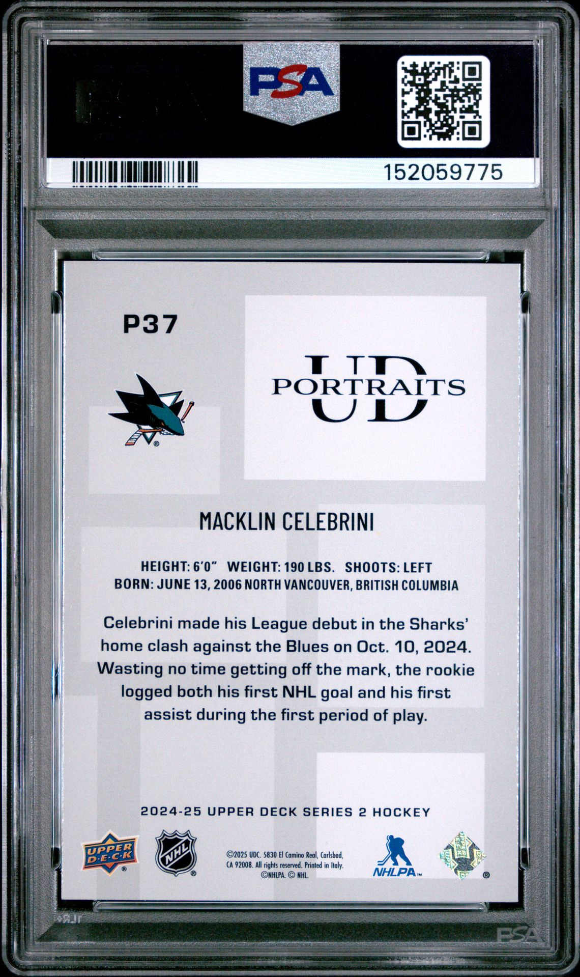 2024 Upper Deck Ud Portraits Macklin Celebrini #P37 Mint 9 back