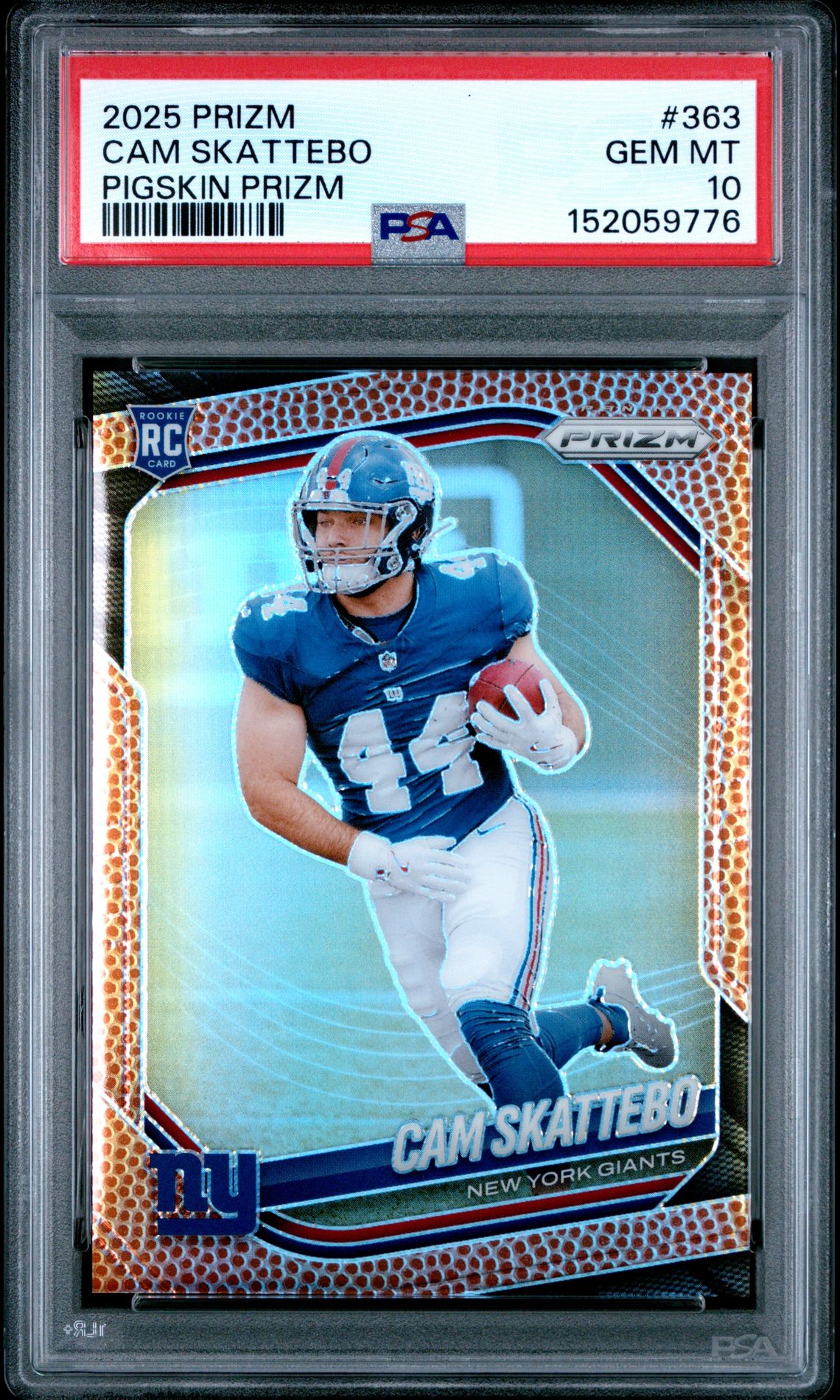 2025 Panini Prizm Cam Skattebo #363 (Pigskin Prizm) Gem Mt 10 front view - PSA graded GEM MT 10