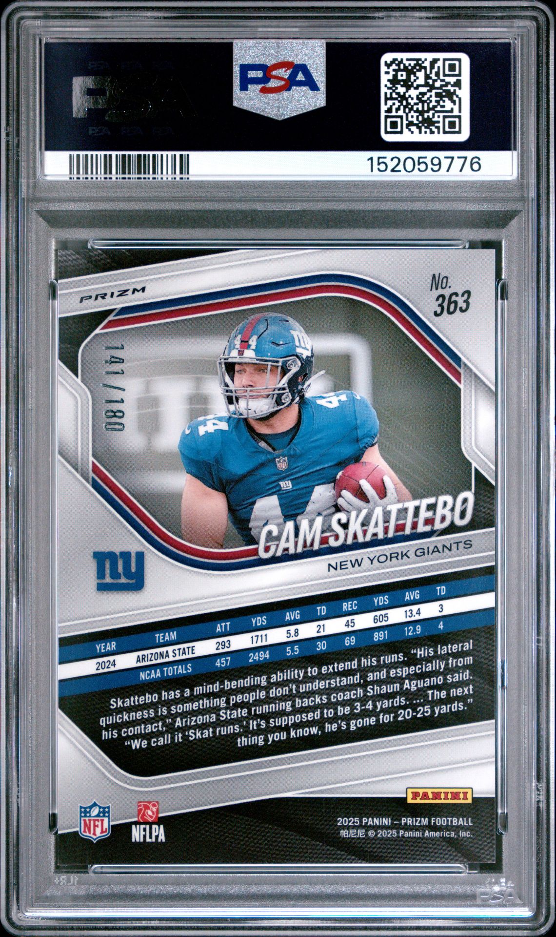 2025 Panini Prizm Cam Skattebo #363 (Pigskin Prizm) Gem Mt 10 back view - PSA certificate #152059776