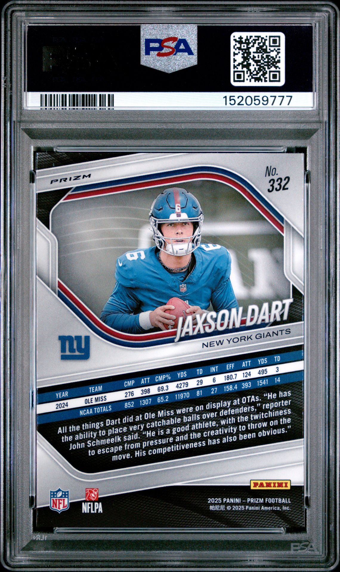 2025 Panini Prizm Jaxson Dart #332 (Lazer Prizm) Mint 9 back