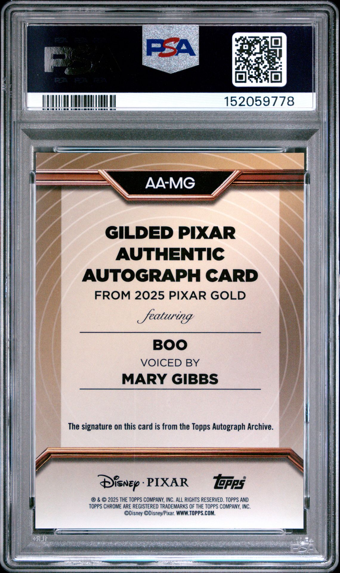 2025 Topps Pixar Gold Gilded Pixar Autographs Mary Gibbs #Aa-Mg (Gld Pxr Au-Prsm Gold Etch) Mint 9 back