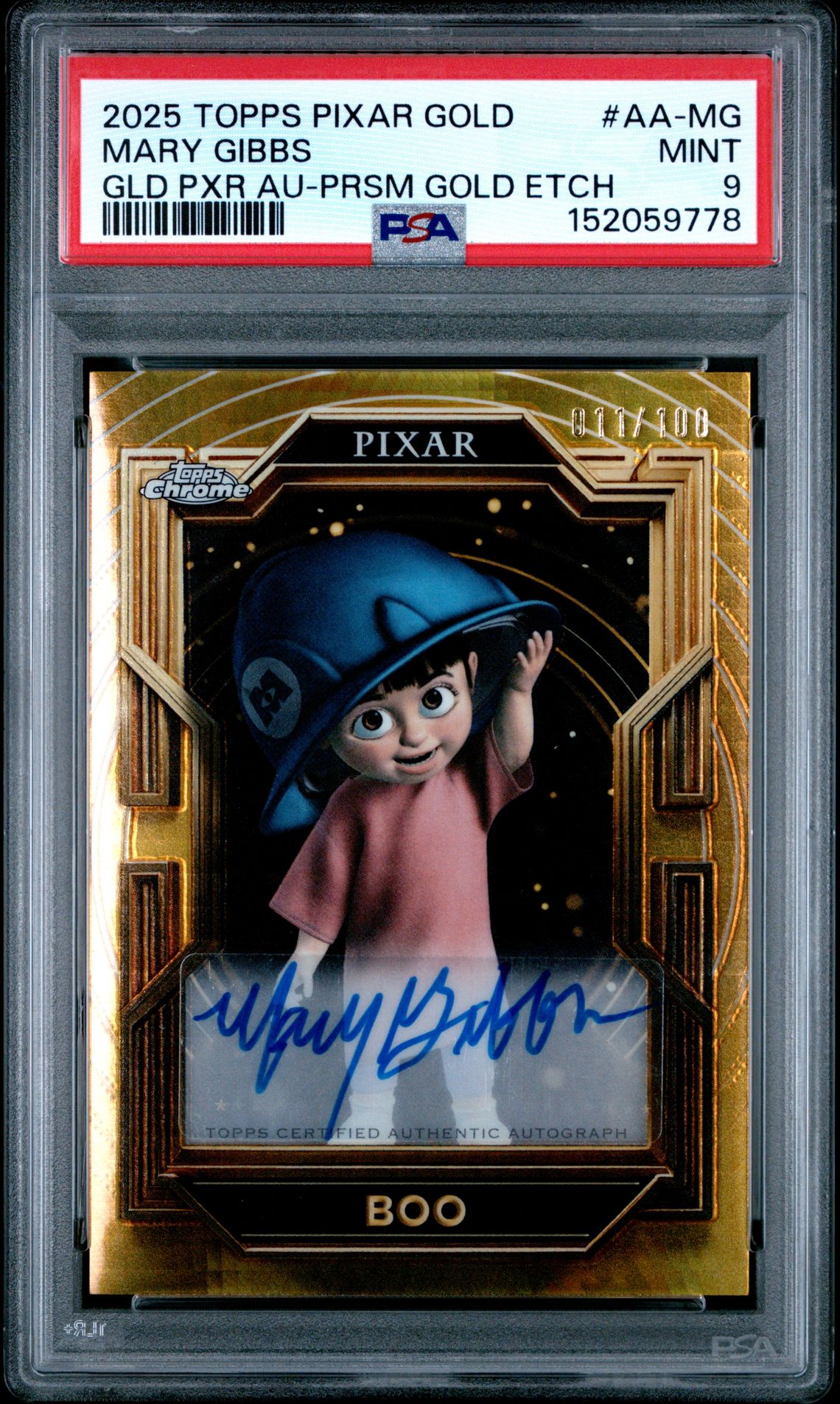 2025 Topps Pixar Gold Gilded Pixar Autographs Mary Gibbs #Aa-Mg (Gld Pxr Au-Prsm Gold Etch) Mint 9 front