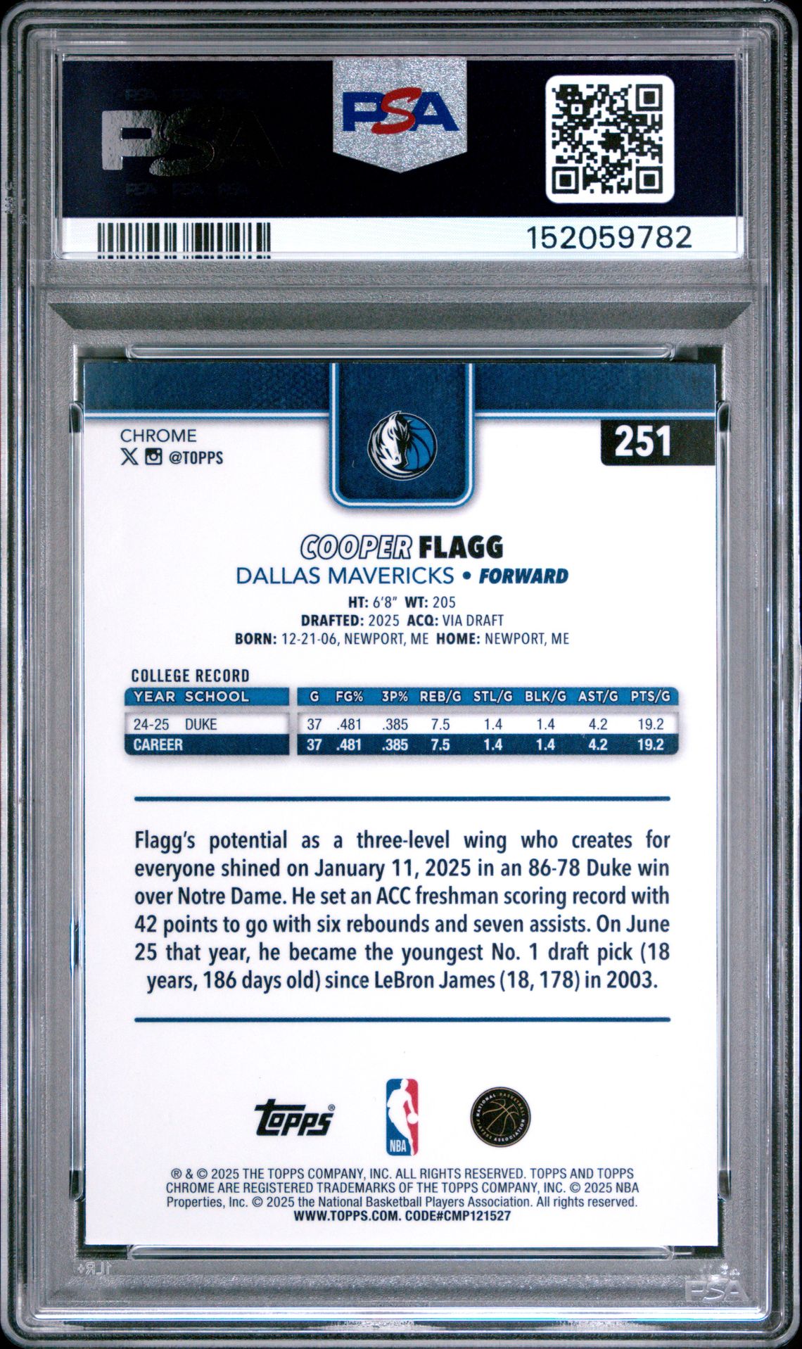 2025 Topps Chrome Cooper Flagg #251 (X-Fractor) Mint 9 back