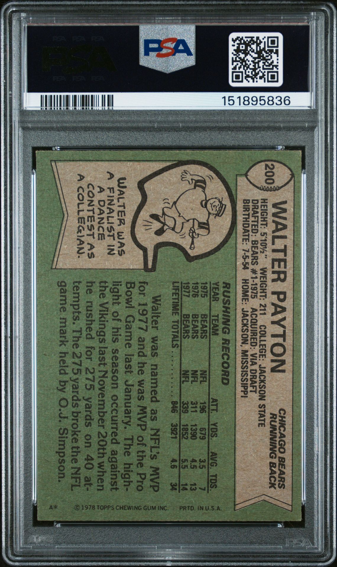 1978 Topps Walter Payton #200 (All-Pro) Ex 5 back