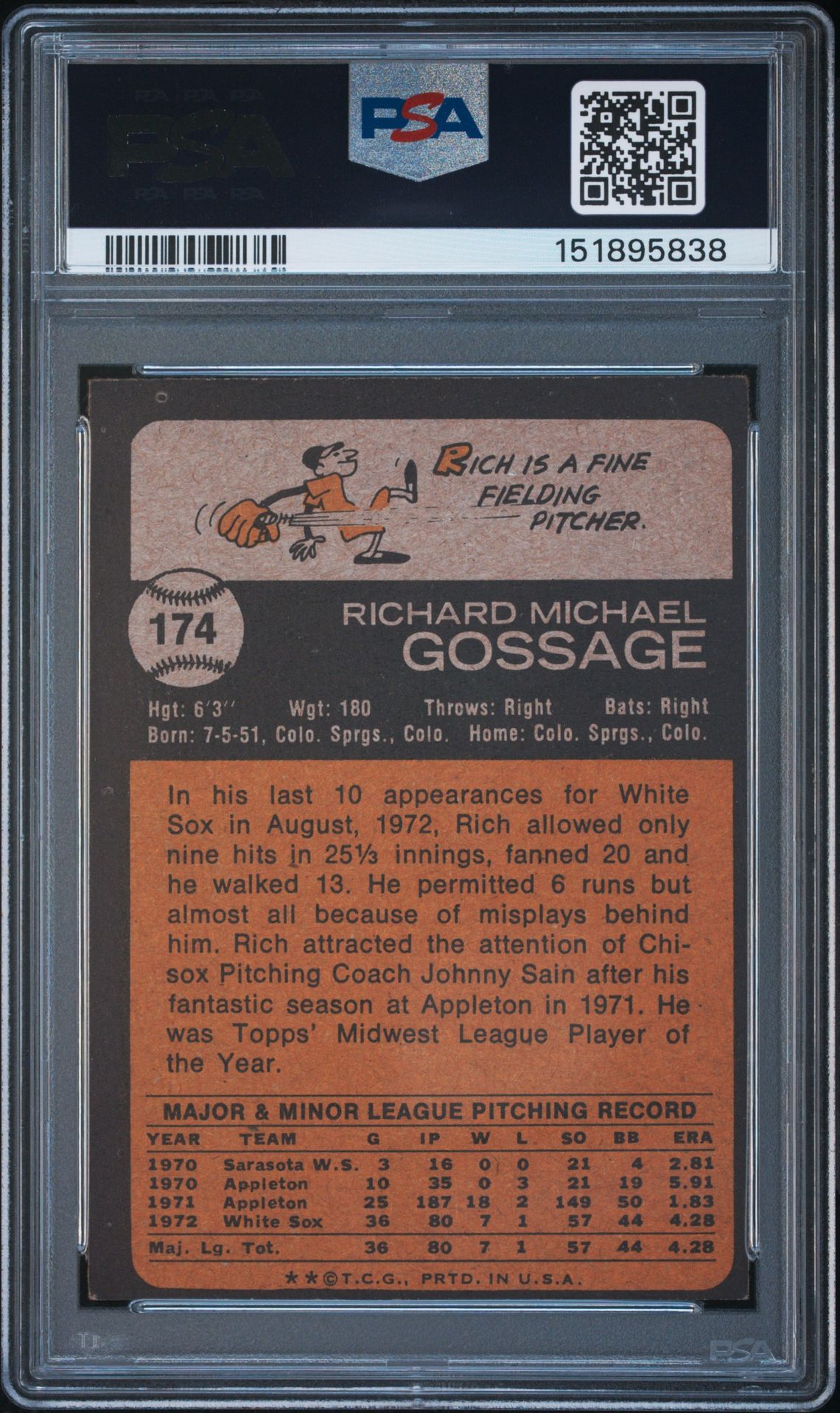 1973 Topps Rich Gossage #174 Ex 5 back