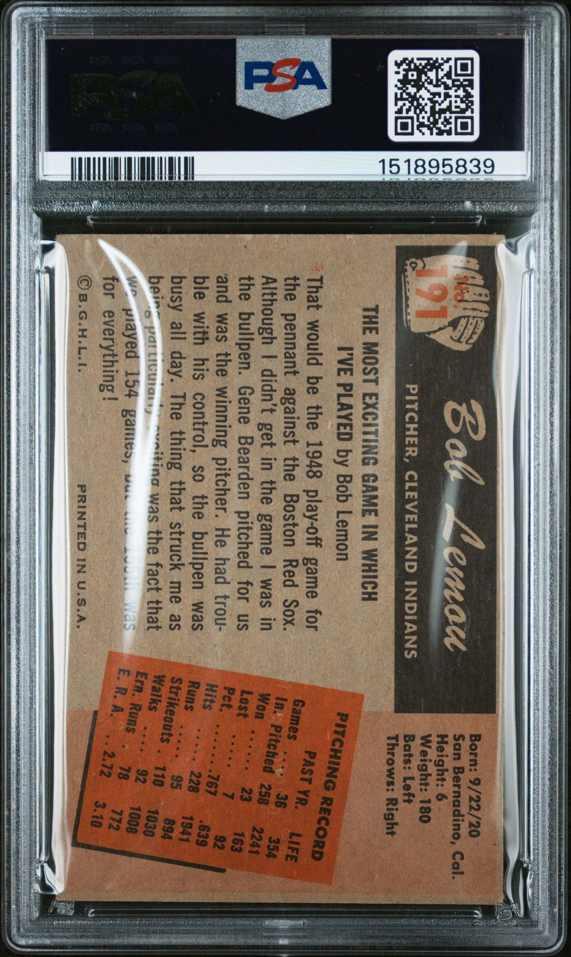 1955 Bowman Bob Lemon #191 Vg 3 back