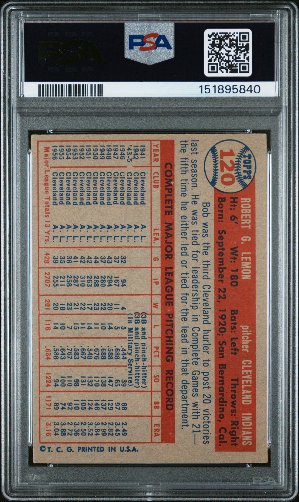 1957 Topps Bob Lemon #120 Nm 7 back