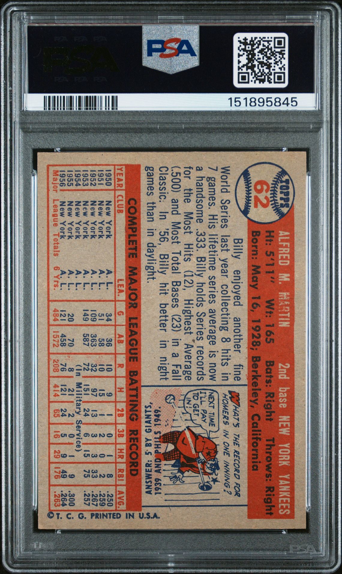 1957 Topps Billy Martin #62 Ex-Mt 6 back