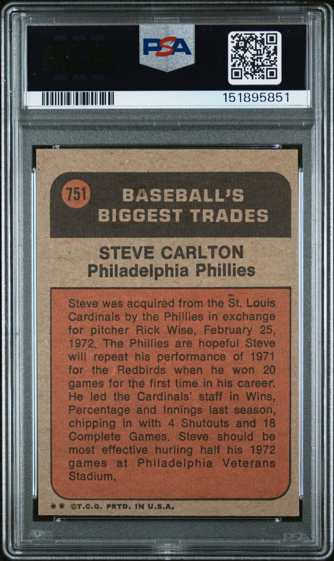 1972 Topps Steve Carlton #751 (Traded) Vg-Ex 4 back