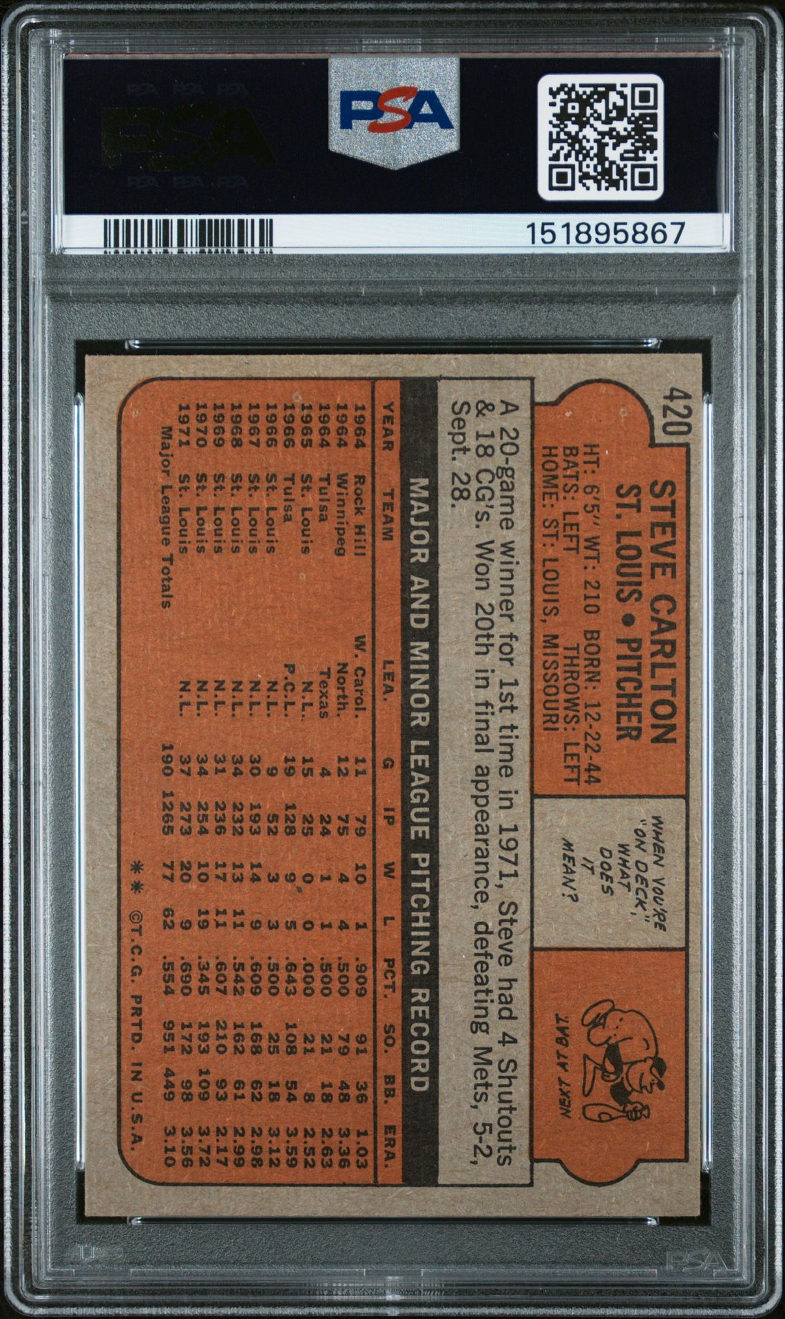 1972 Topps Steve Carlton #420 Ex-Mt 6 back