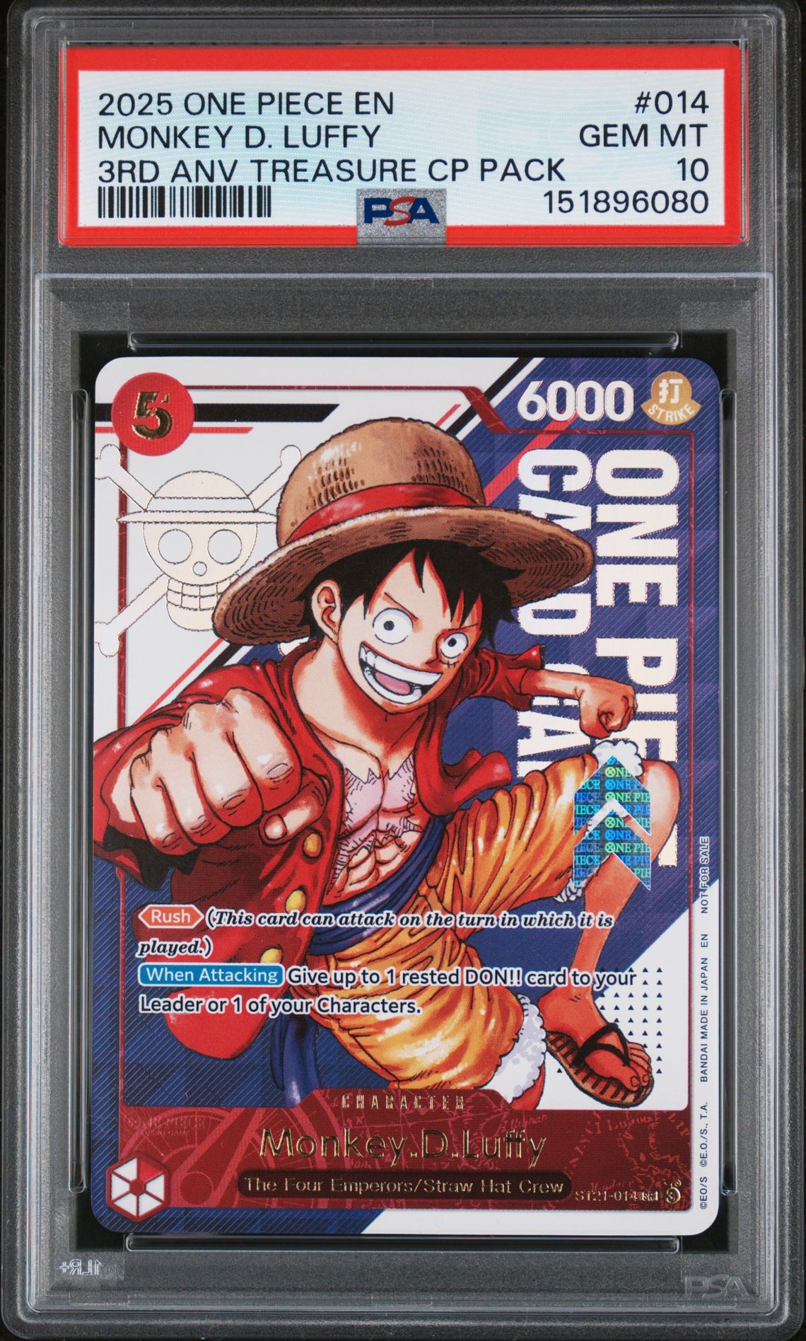 2025 One Piece 3Rd Anniversary! One Piece Card Treasure Campaign Pack Monkey D. Luffy #014 Gem Mt 10 front view - PSA graded GEM MT 10