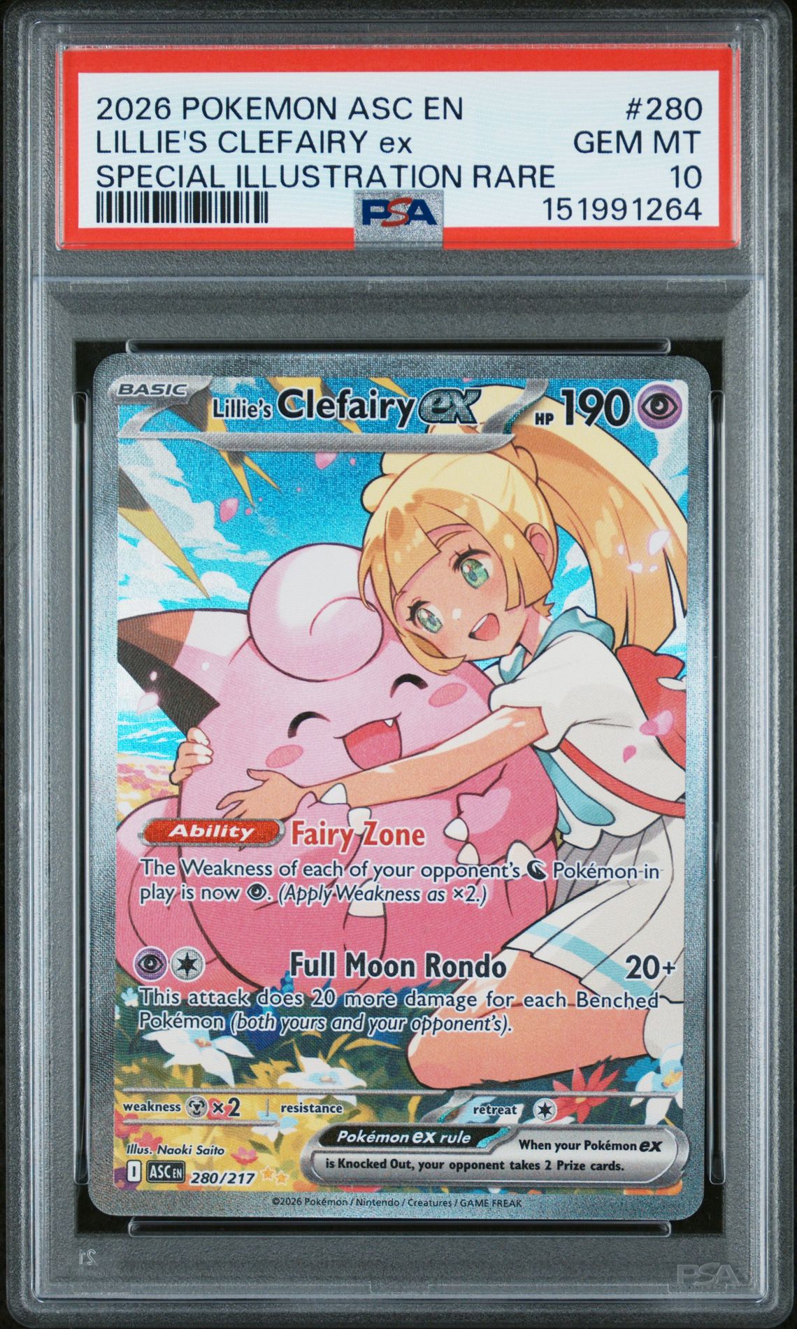 2026 Pokemon Asc En-Ascended Heroes Lillie's Clefairy Ex #280 (Special Illustration Rare) Gem Mt 10 front view - PSA graded GEM MT 10