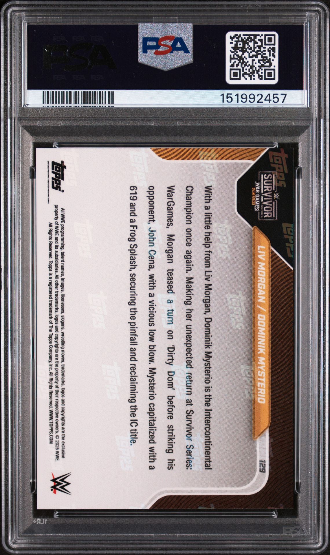 2025 Topps Now Wwe Morgan/Mysterio #129 (Orange) Gem Mt 10 back view - PSA certificate #151992457
