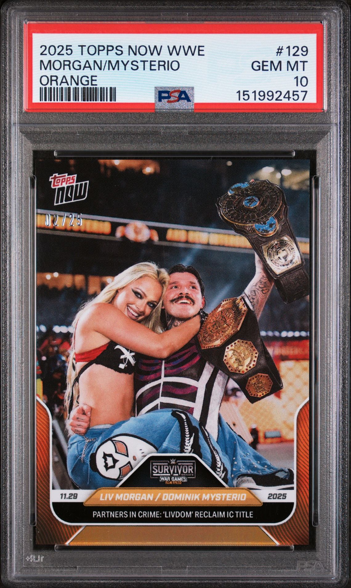 2025 Topps Now Wwe Morgan/Mysterio #129 (Orange) Gem Mt 10 front view - PSA graded GEM MT 10