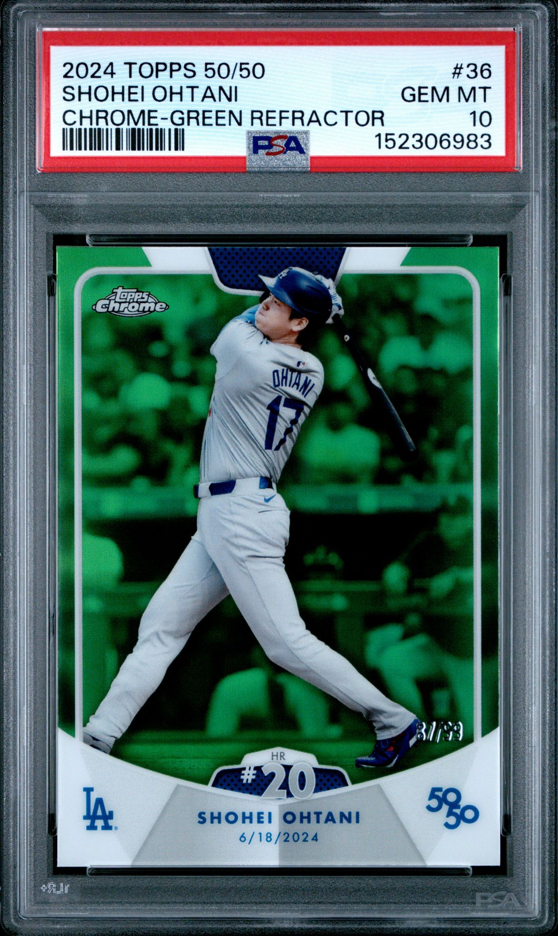 2024 Topps 50/50 Shohei Ohtani Shohei Ohtani #36 (Chrome-Green Refractor) Gem Mt 10 front view - PSA graded GEM MT 10