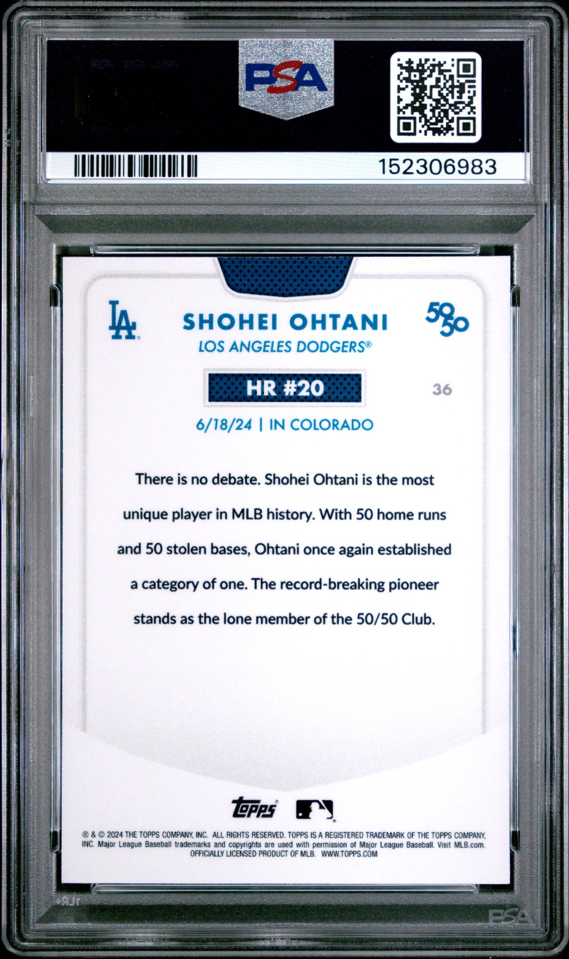 2024 Topps 50/50 Shohei Ohtani Shohei Ohtani #36 (Chrome-Green Refractor) Gem Mt 10 back view - PSA certificate #152306983