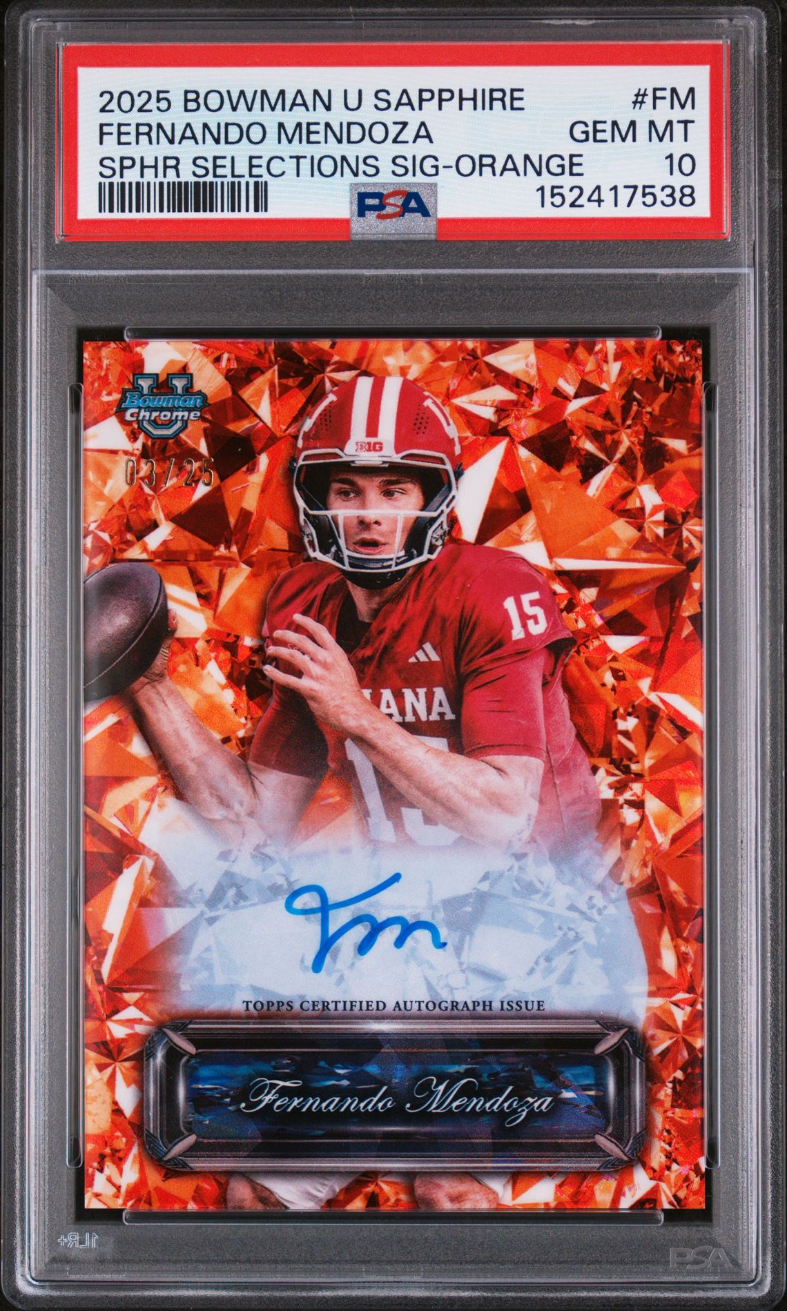2025 Bowman BOWMAN UNIVERSITY CHROME SAPPHIRE SAPPHIRE SELECTIONS SIGNATURES SPHR SELECTIONS SIG-ORANGE #FM Fernando Mendoza front