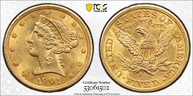1901-S $5 MS62