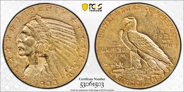 1908-D $5 AU55