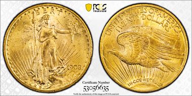 1908 $20 Motto MS64