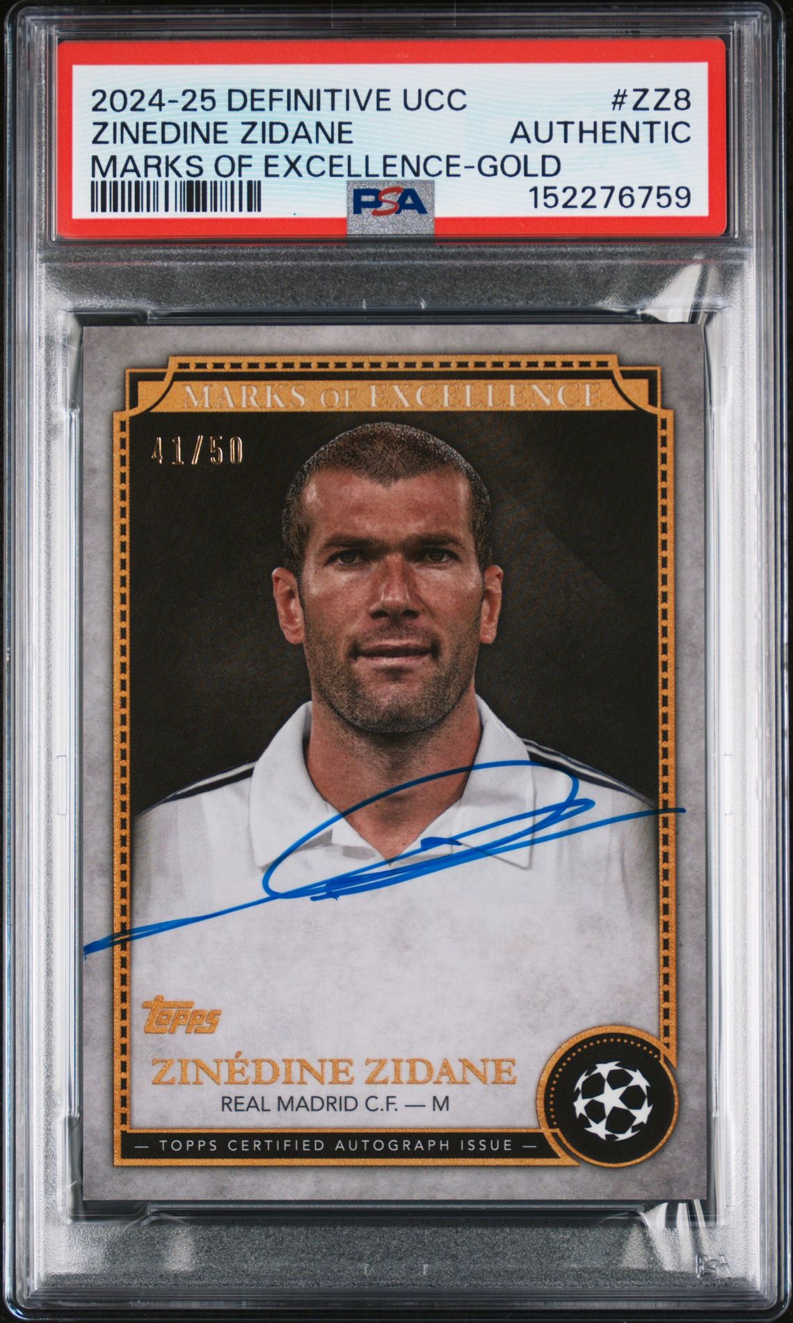 2024-2025 Topps TOPPS DEFINITIVE COLLECTION UEFA CLUB COMPETITIONS MARKS OF EXCELLENCE GOLD #ZZ8 Zinedine Zidane front