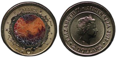 2017 $2 Planetary Coins Mars Colorized MS68