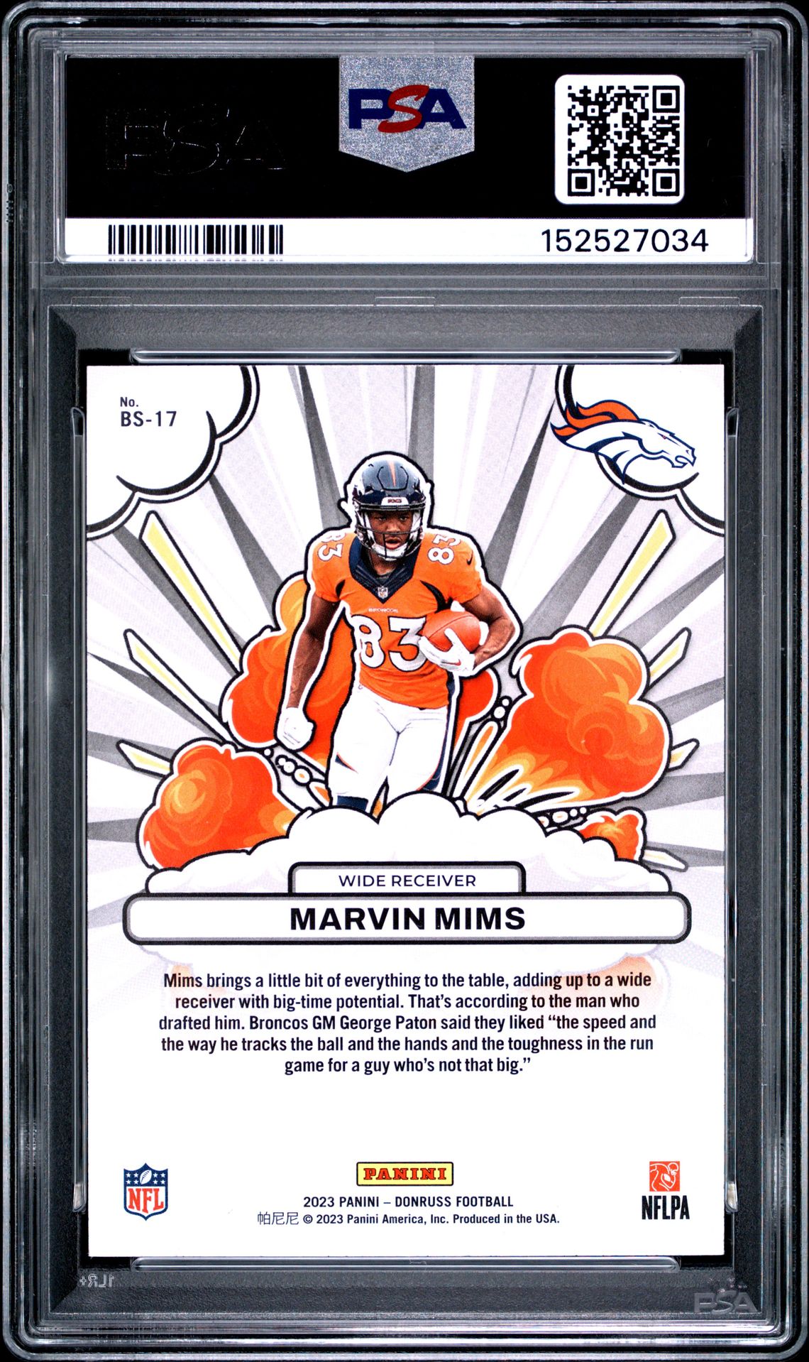 2023 Panini Donruss Bomb Squad Marvin Mims #Bs17 Gem Mt 10 back view - PSA certificate #152527034