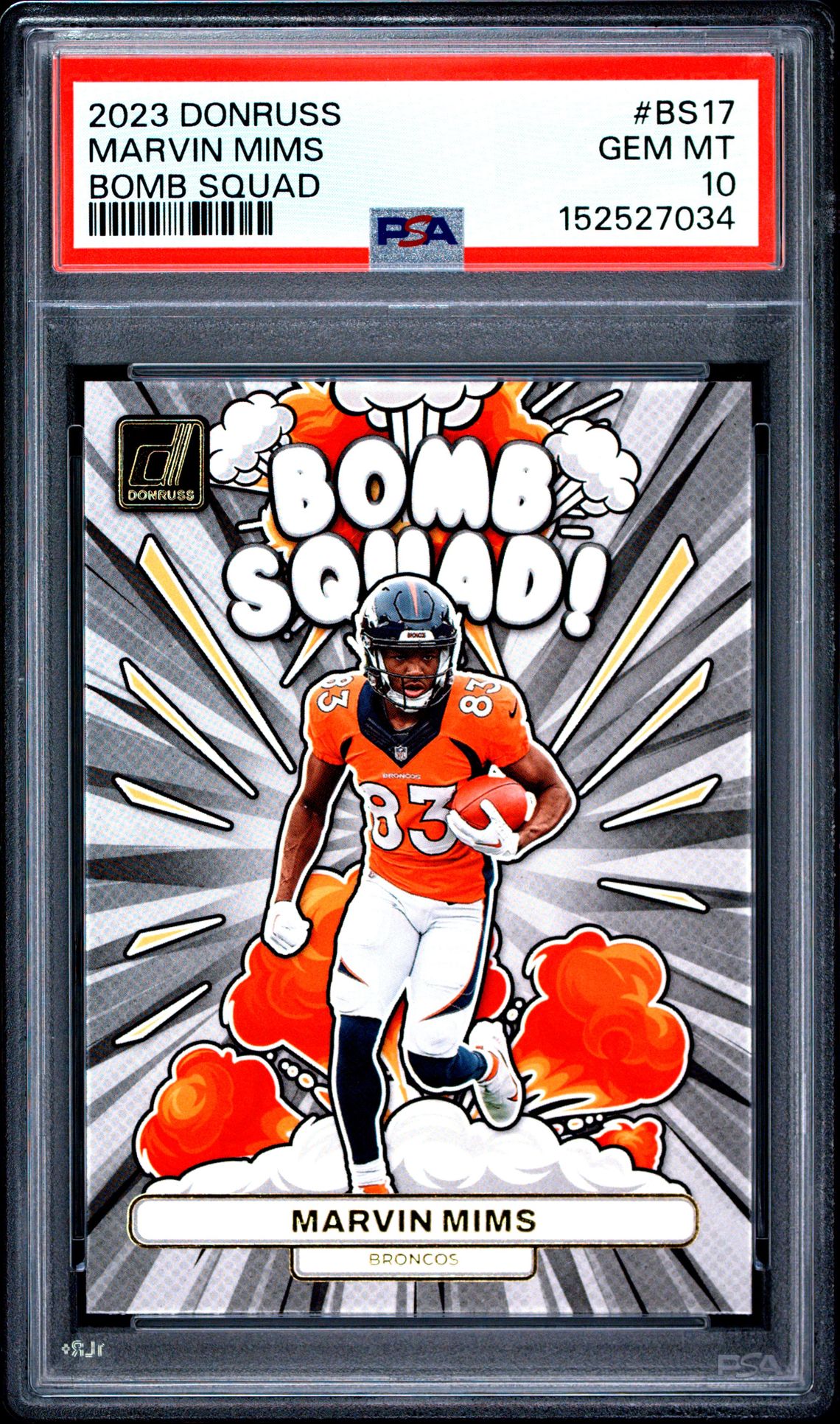 2023 Panini Donruss Bomb Squad Marvin Mims #Bs17 Gem Mt 10 front view - PSA graded GEM MT 10