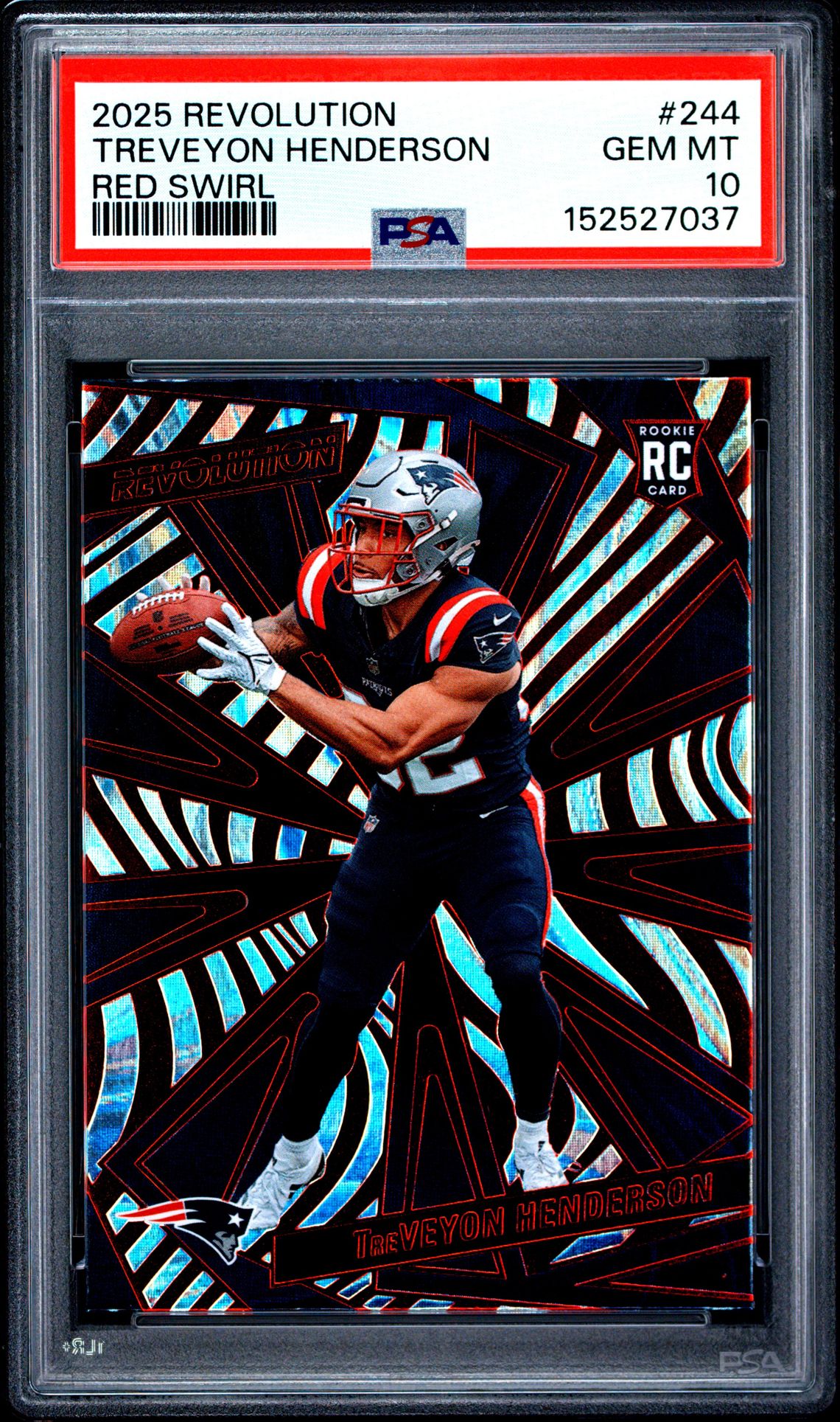 2025 Panini Revolution Treveyon Henderson #244 (Red Swirl) Gem Mt 10 front view - PSA graded GEM MT 10