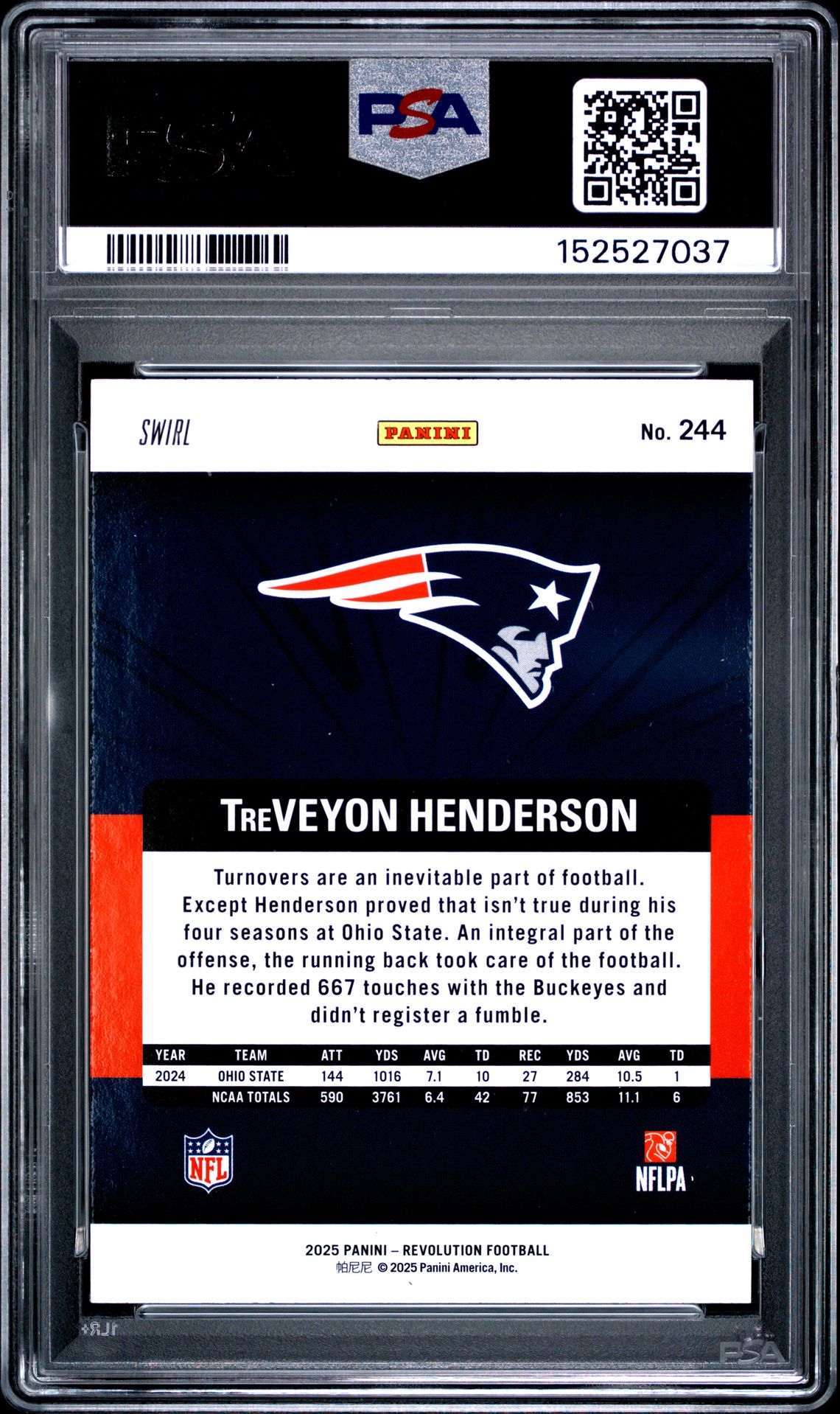 2025 Panini Revolution Treveyon Henderson #244 (Red Swirl) Gem Mt 10 back view - PSA certificate #152527037