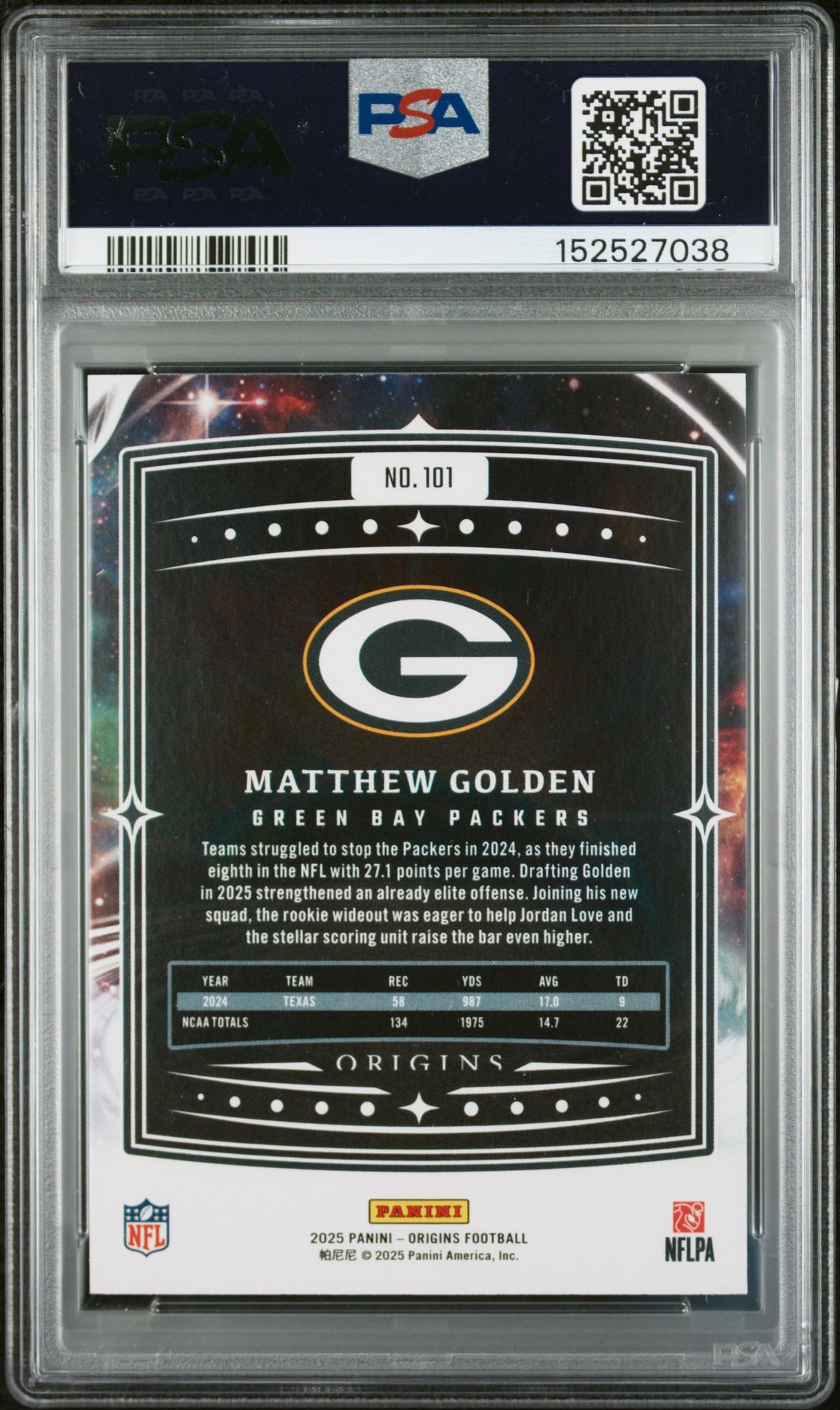 2025 Panini Origins Matthew Golden #101 Mint 9 back