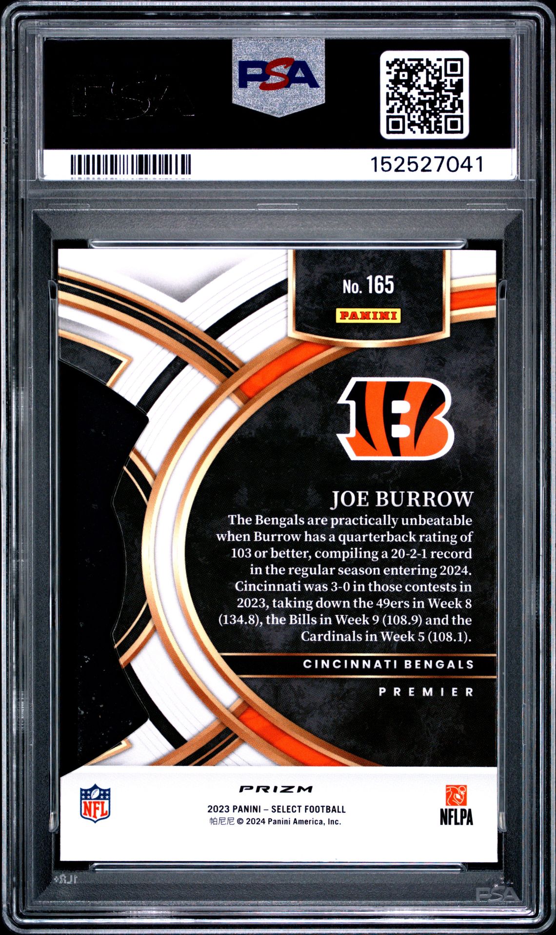 2023 Panini Select Joe Burrow #165 (Die-Cut Black & Gold Prizm) Mint 9 back