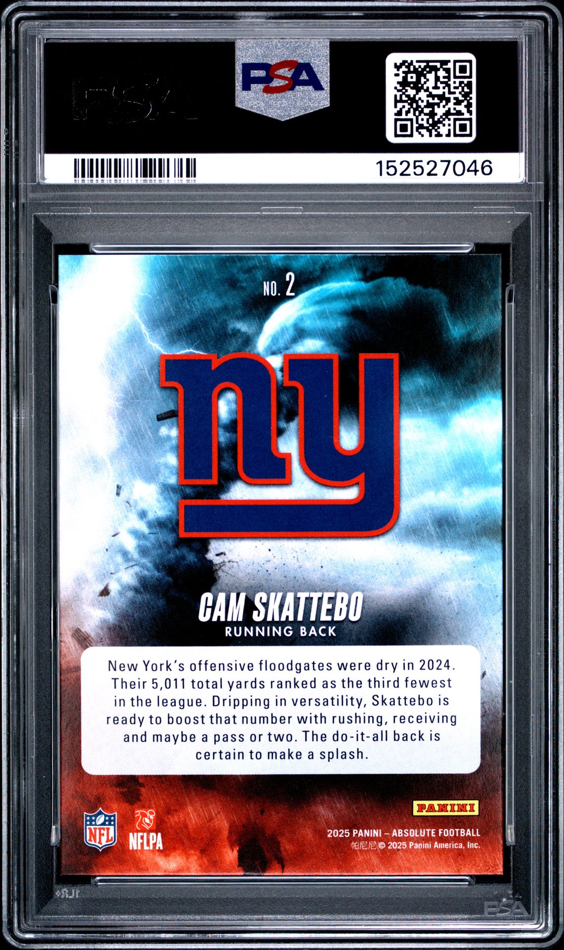 2025 Panini Absolute By Storm Cam Skattebo #2 Gem Mt 10 back view - PSA certificate #152527046
