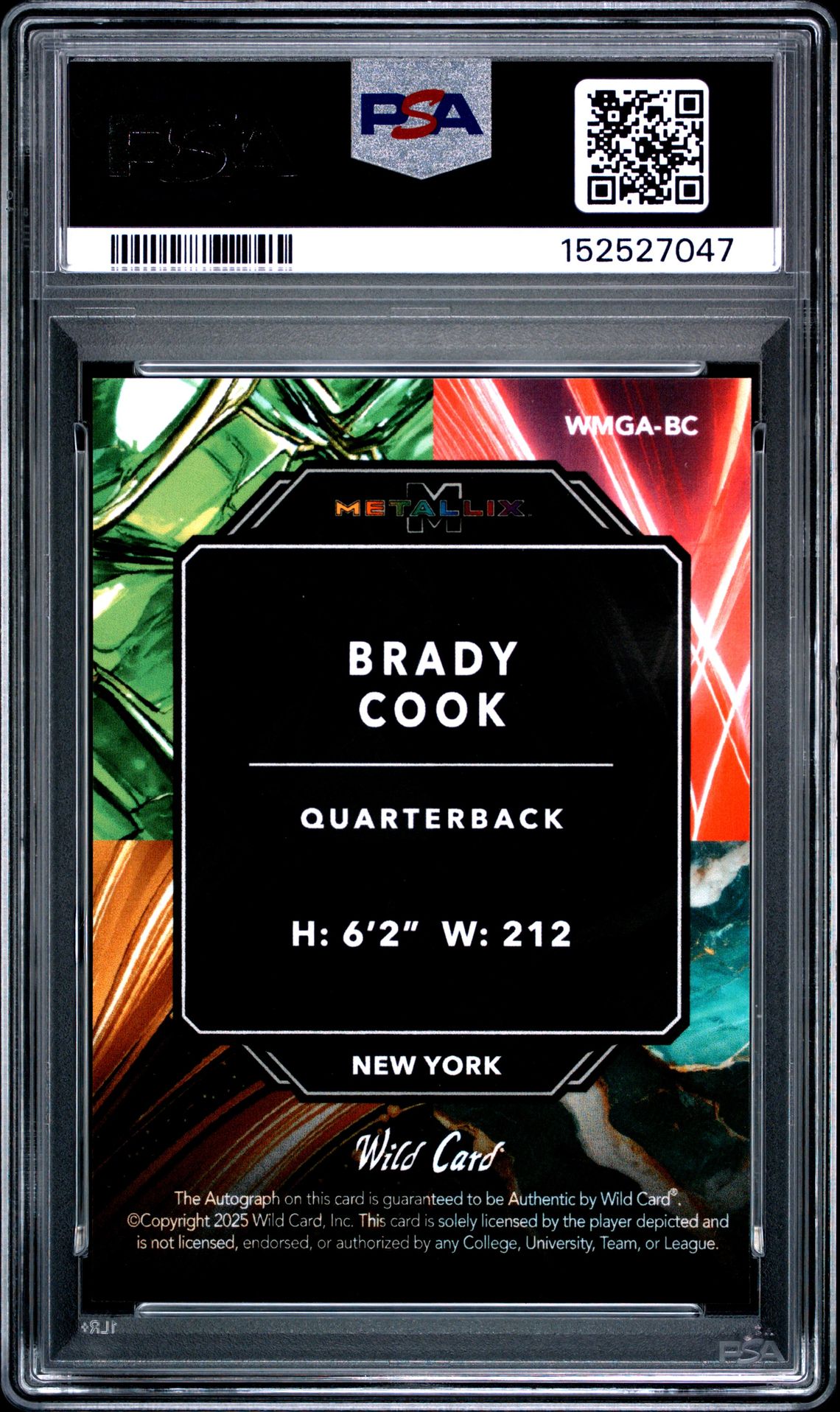 2025 Wild Card Metallix Pro-Look Hobby Glass Autographs Brady Cook #Wmgabc (Glass Au-Kld-Teal) Mint 9 back