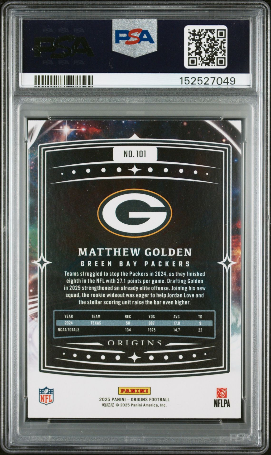 2025 Panini Origins Matthew Golden #101 Mint 9 back