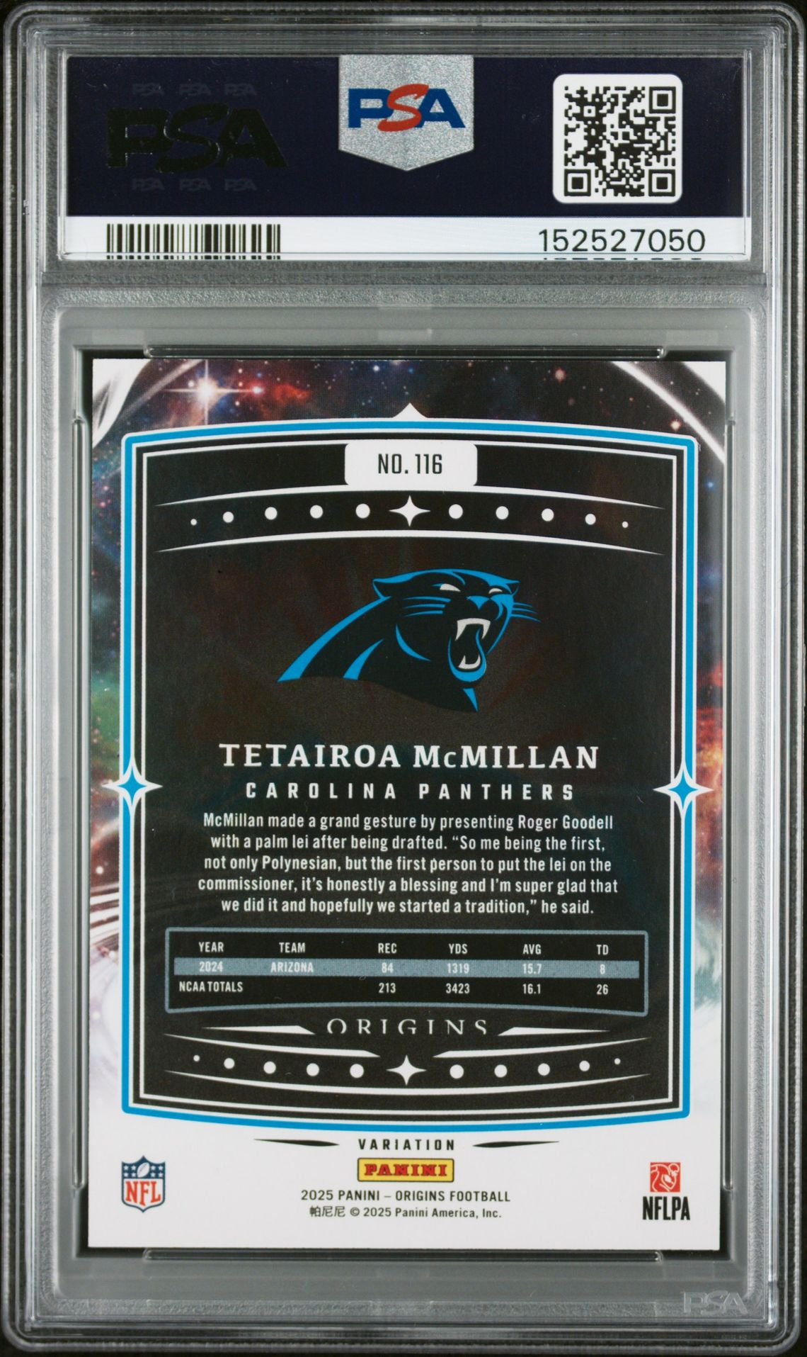 2025 Panini Origins Tetairoa Mcmillan #116 (Variation) Gem Mt 10 back view - PSA certificate #152527050