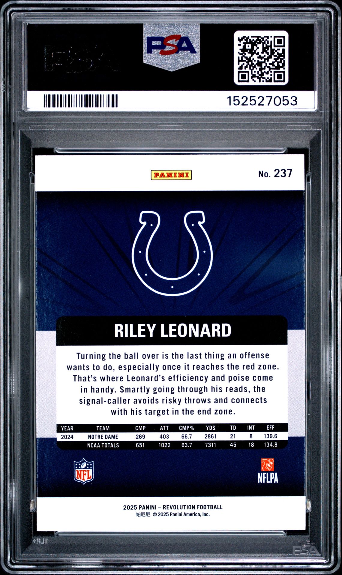 2025 Panini Revolution Riley Leonard #237 Gem Mt 10 back view - PSA certificate #152527053