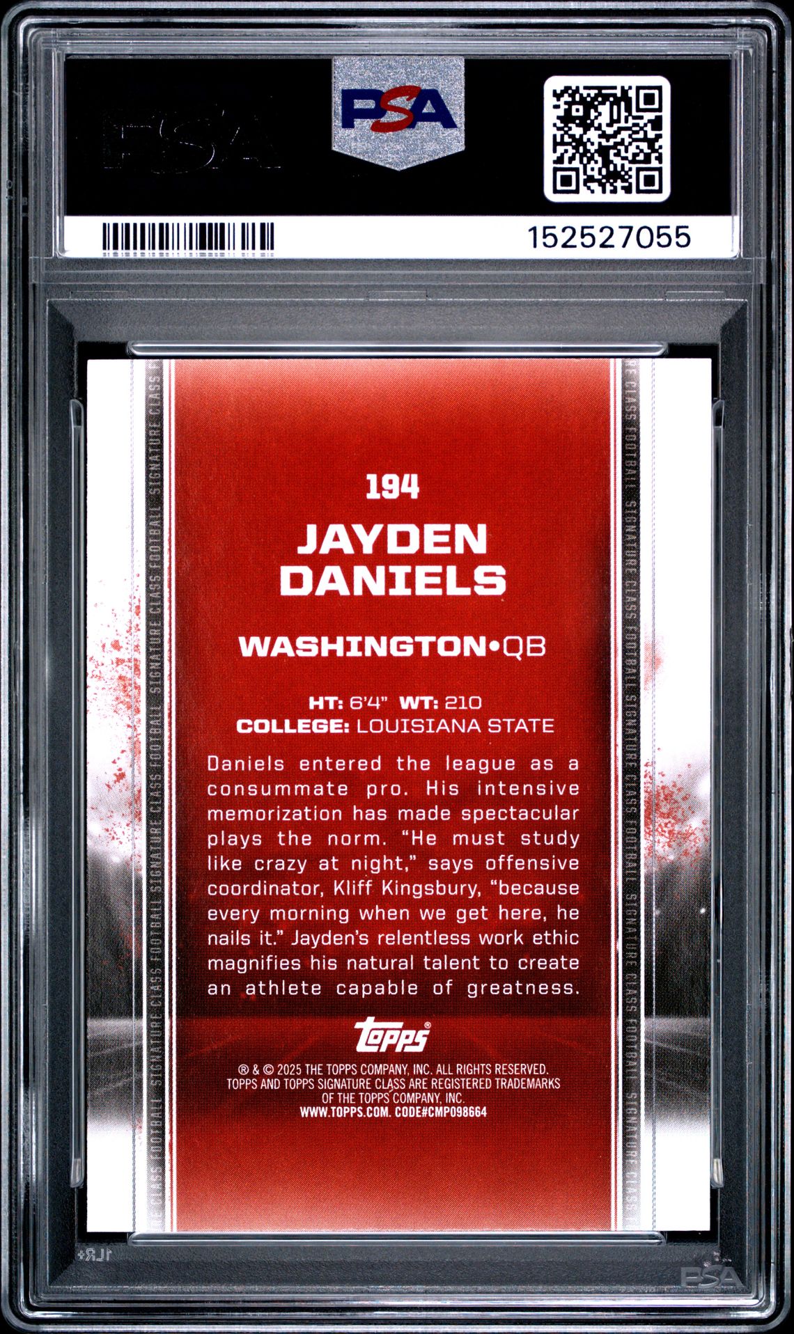 2024 Topps Signature Class Jayden Daniels #194 Gem Mt 10 back view - PSA certificate #152527055
