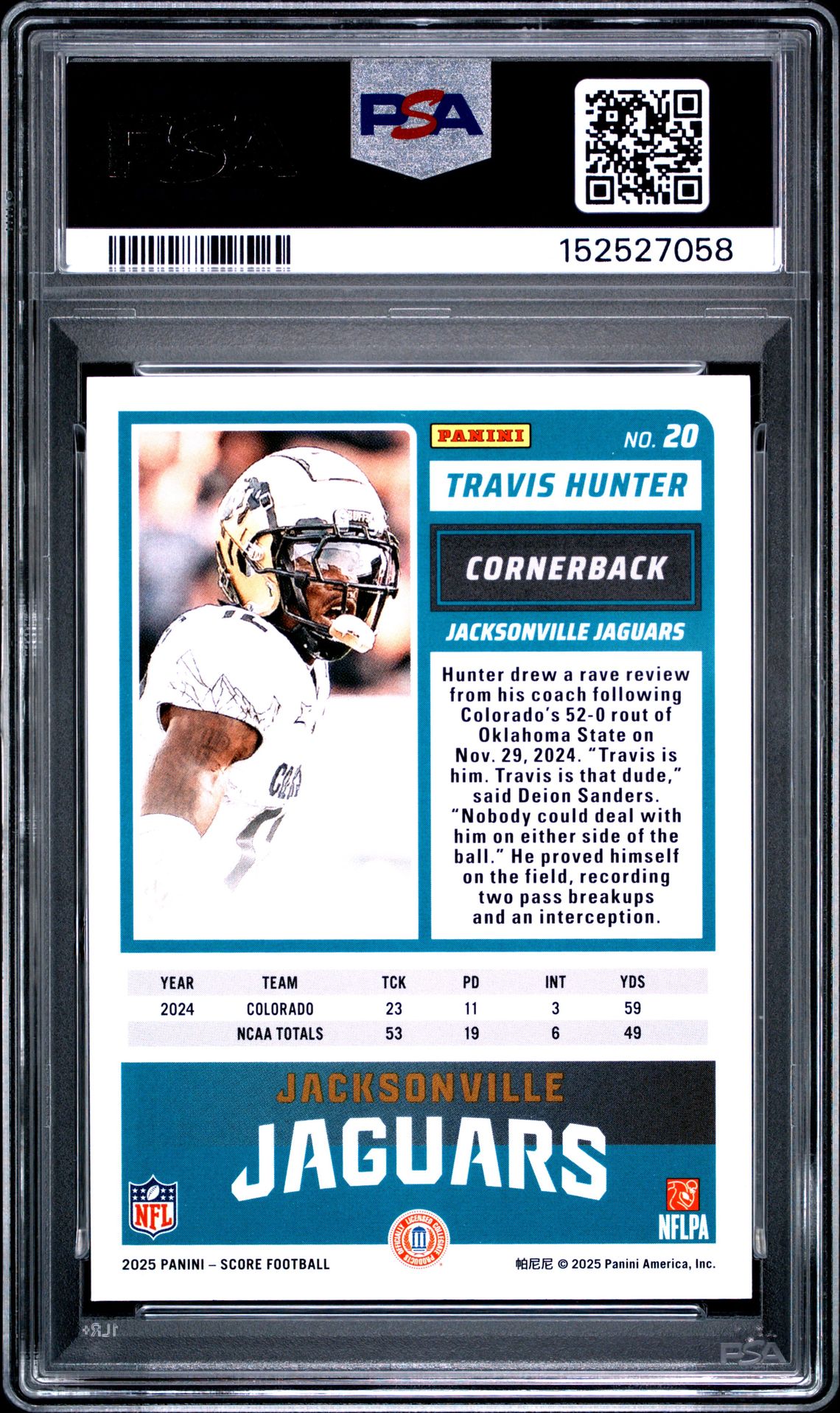 2025 Panini Score-A-Treat Travis Hunter #20 (Rookie-Pumpkin) Gem Mt 10 back view - PSA certificate #152527058