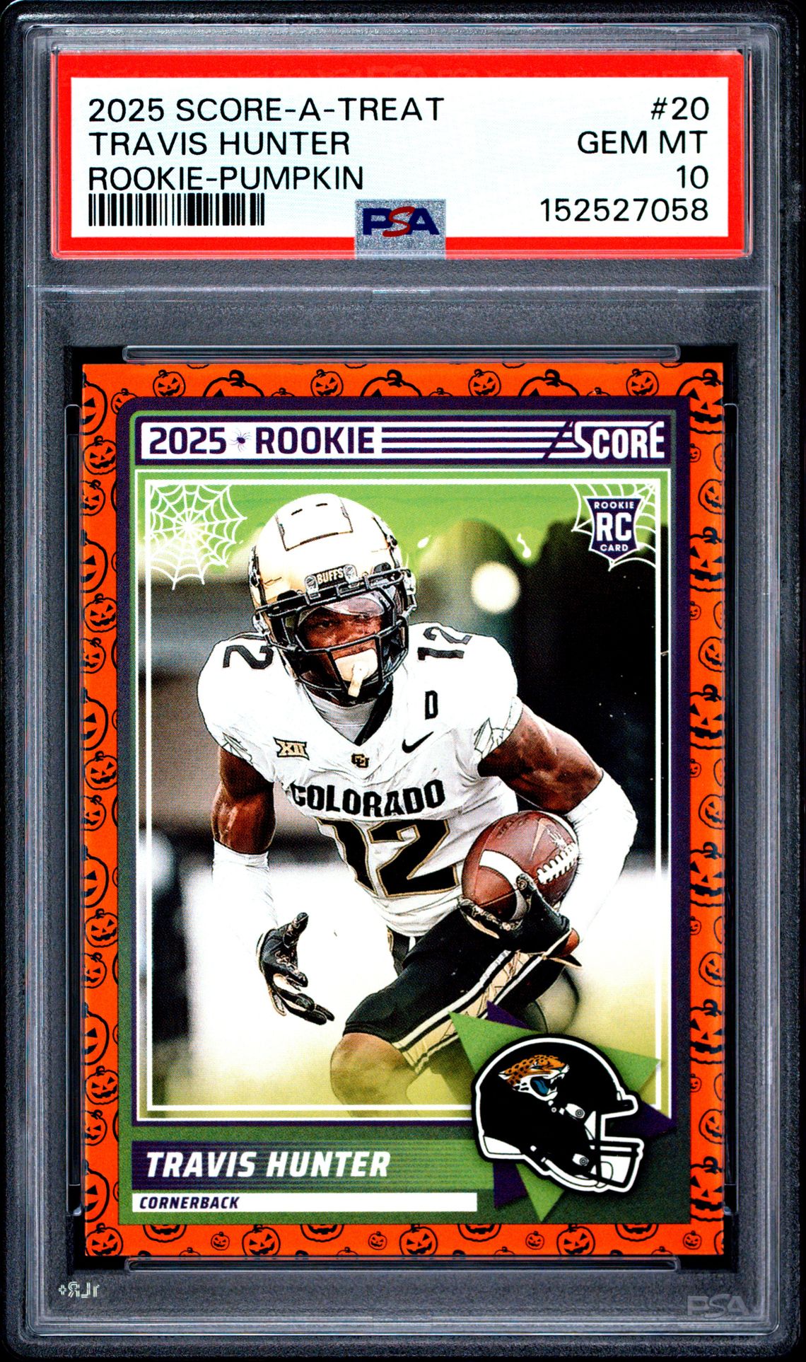2025 Panini Score-A-Treat Travis Hunter #20 (Rookie-Pumpkin) Gem Mt 10 front view - PSA graded GEM MT 10