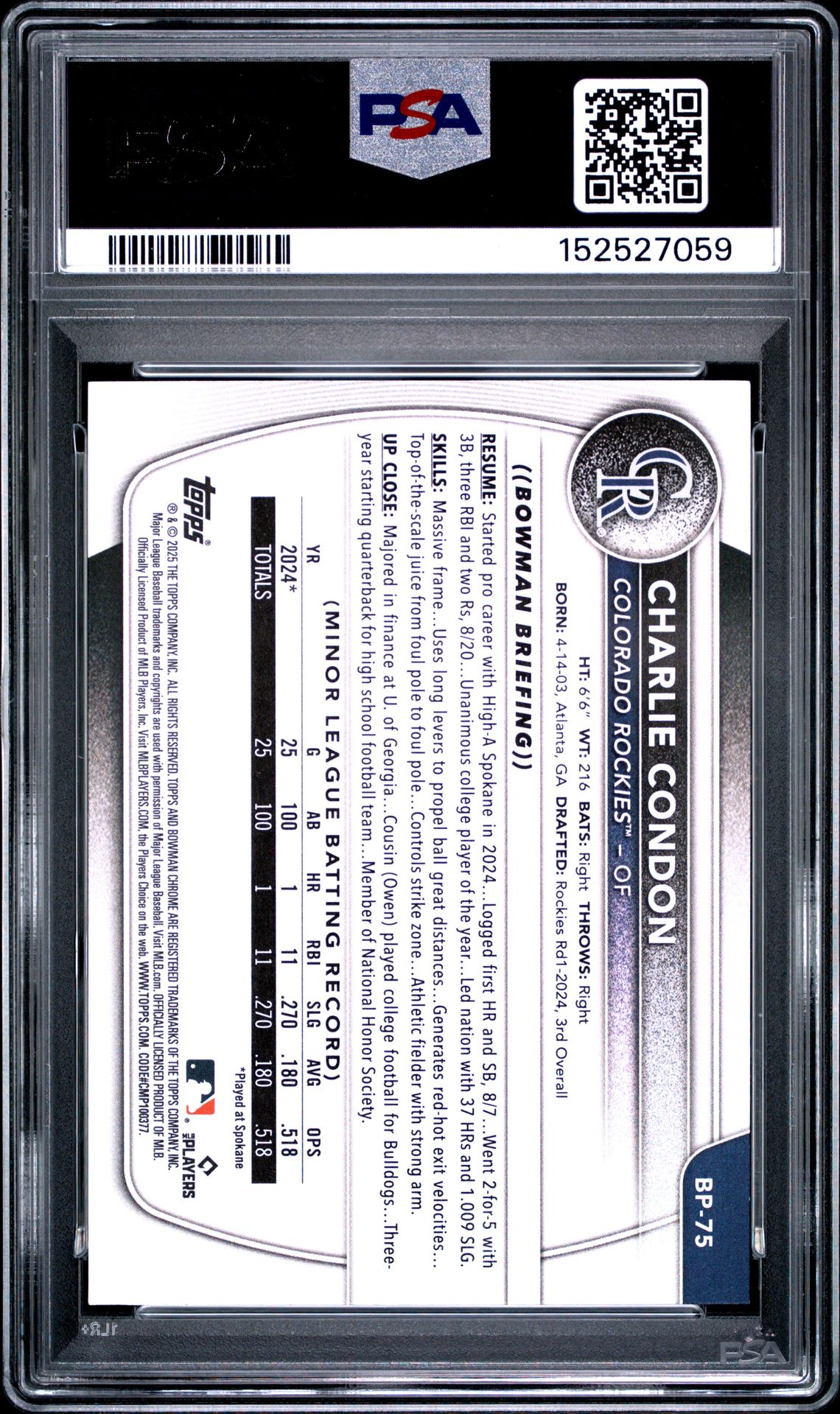 2025 Bowman Paper Prospects Charlie Condon #Bp75 Gem Mt 10 back view - PSA certificate #152527059