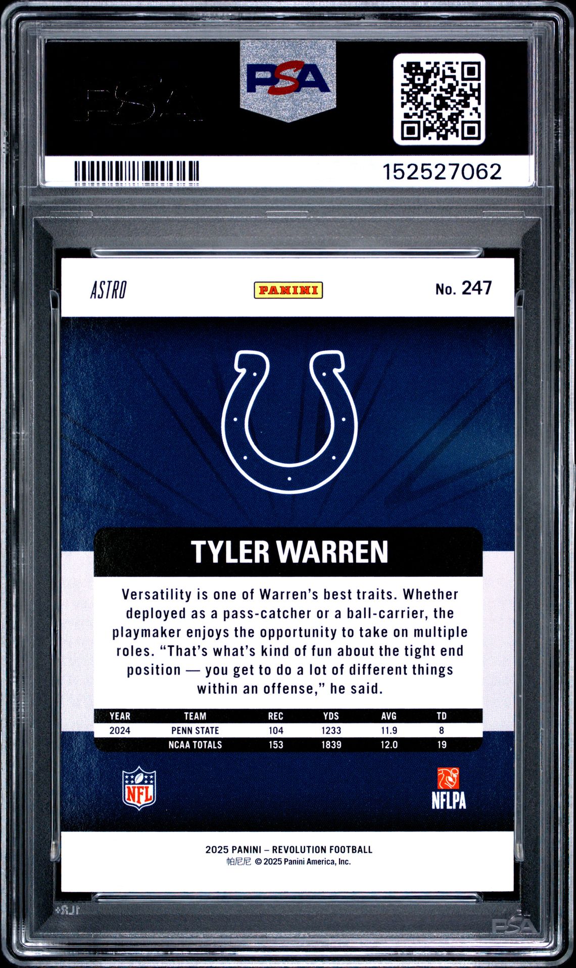 2025 Panini Revolution Tyler Warren #247 (Red Astro) Gem Mt 10 back view - PSA certificate #152527062