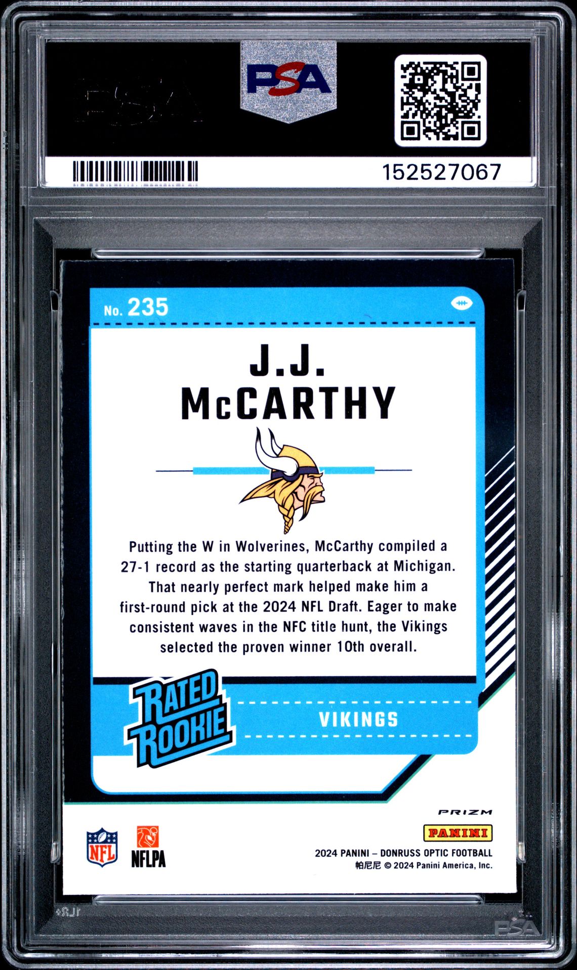 2024 Panini Donruss Optic Jj Mccarthy #235 (Purple Shock) Mint 9 back
