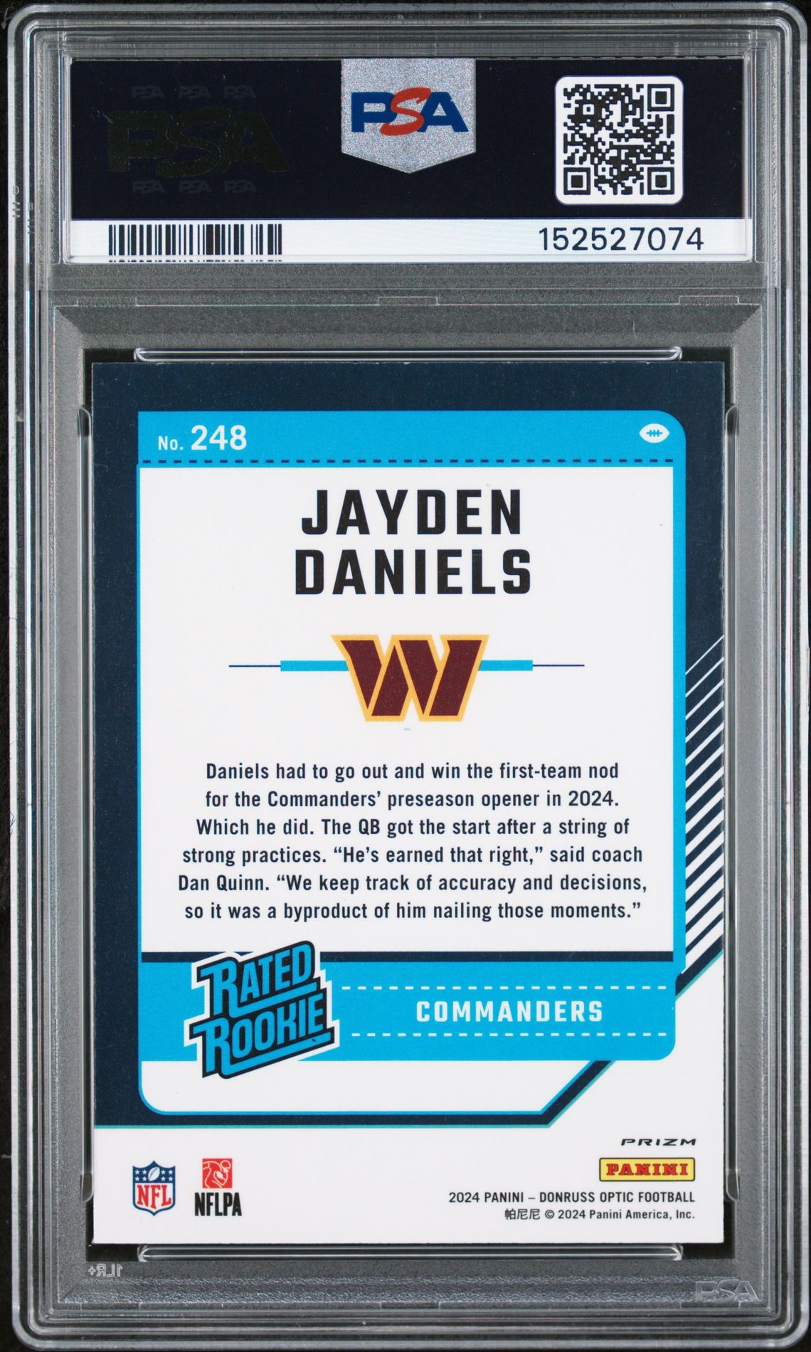 2024 Panini Donruss Optic Jayden Daniels #248 (Blue Hyper) Mint 9 back