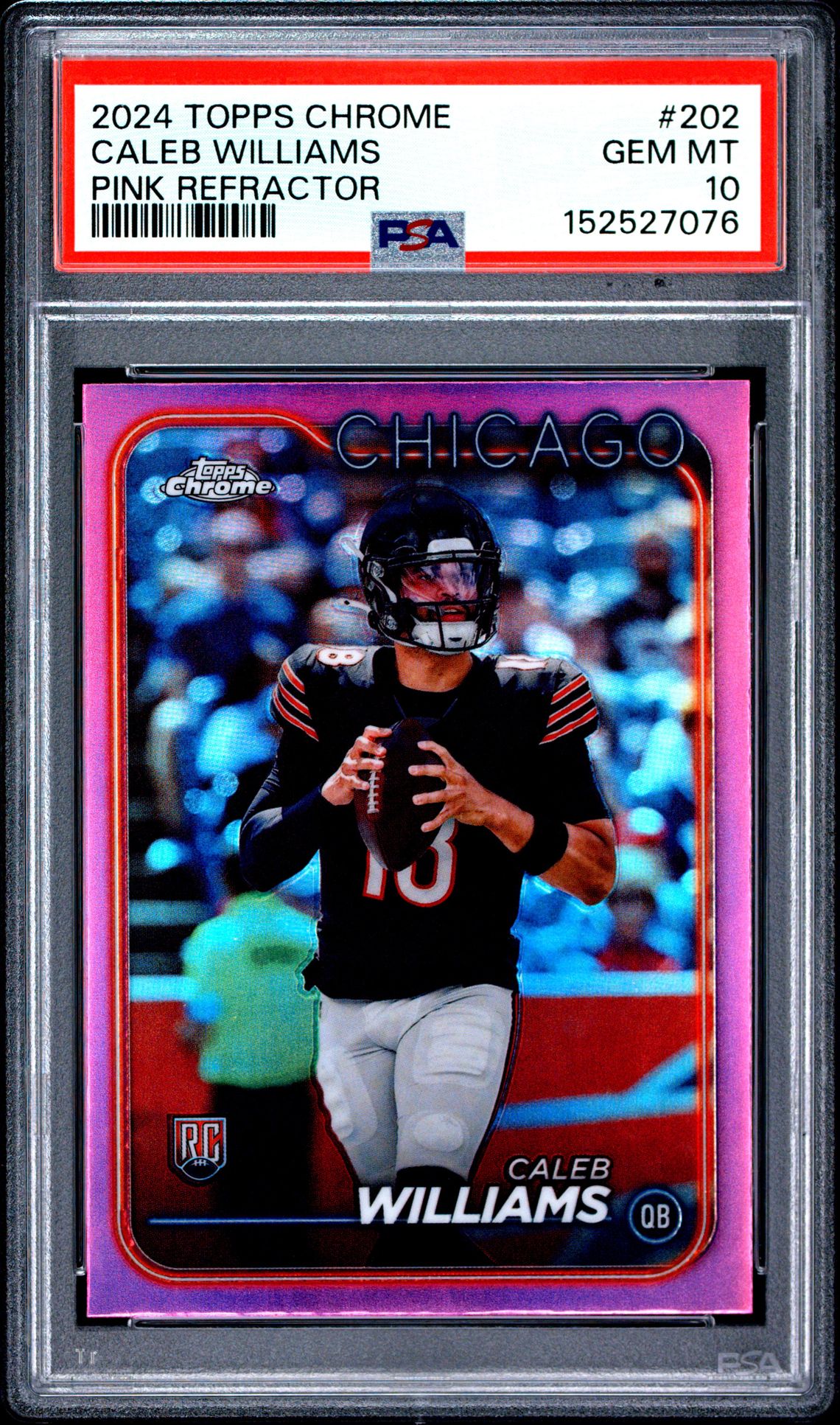 2024 Topps Chrome Caleb Williams #202 (Pink Refractor) Gem Mt 10 front view - PSA graded GEM MT 10