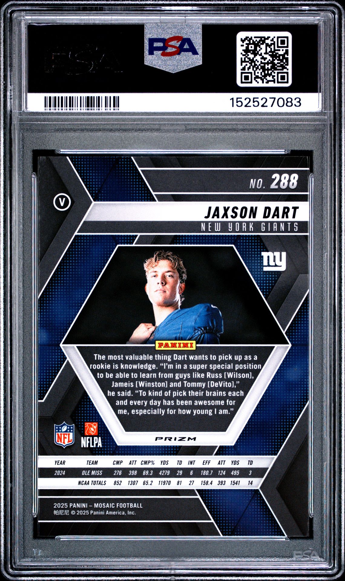2025 Panini Mosaic Jaxson Dart #288 (Green) Gem Mt 10 back