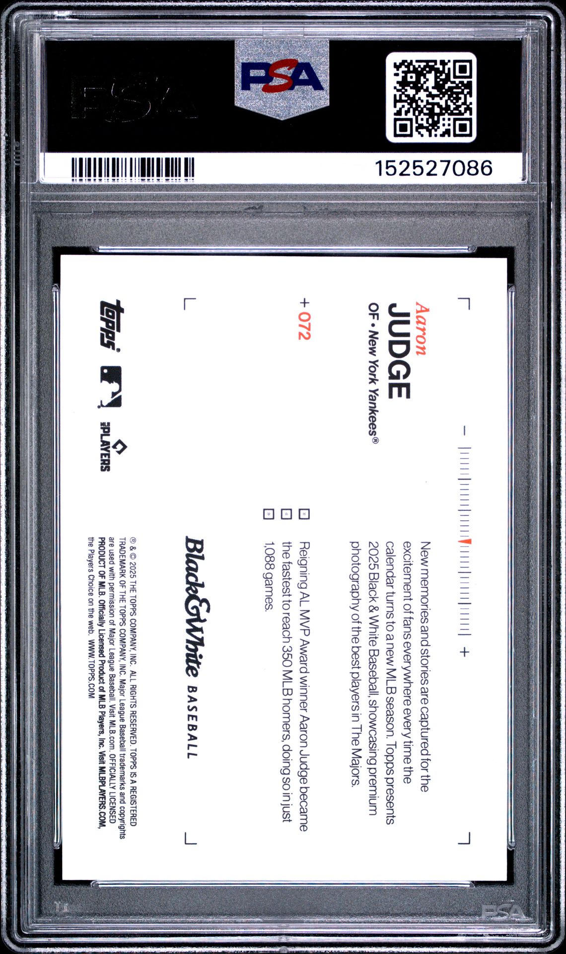 2025 Topps Black And White Aaron Judge #72 (Blue) Gem Mt 10 back view - PSA certificate #152527086