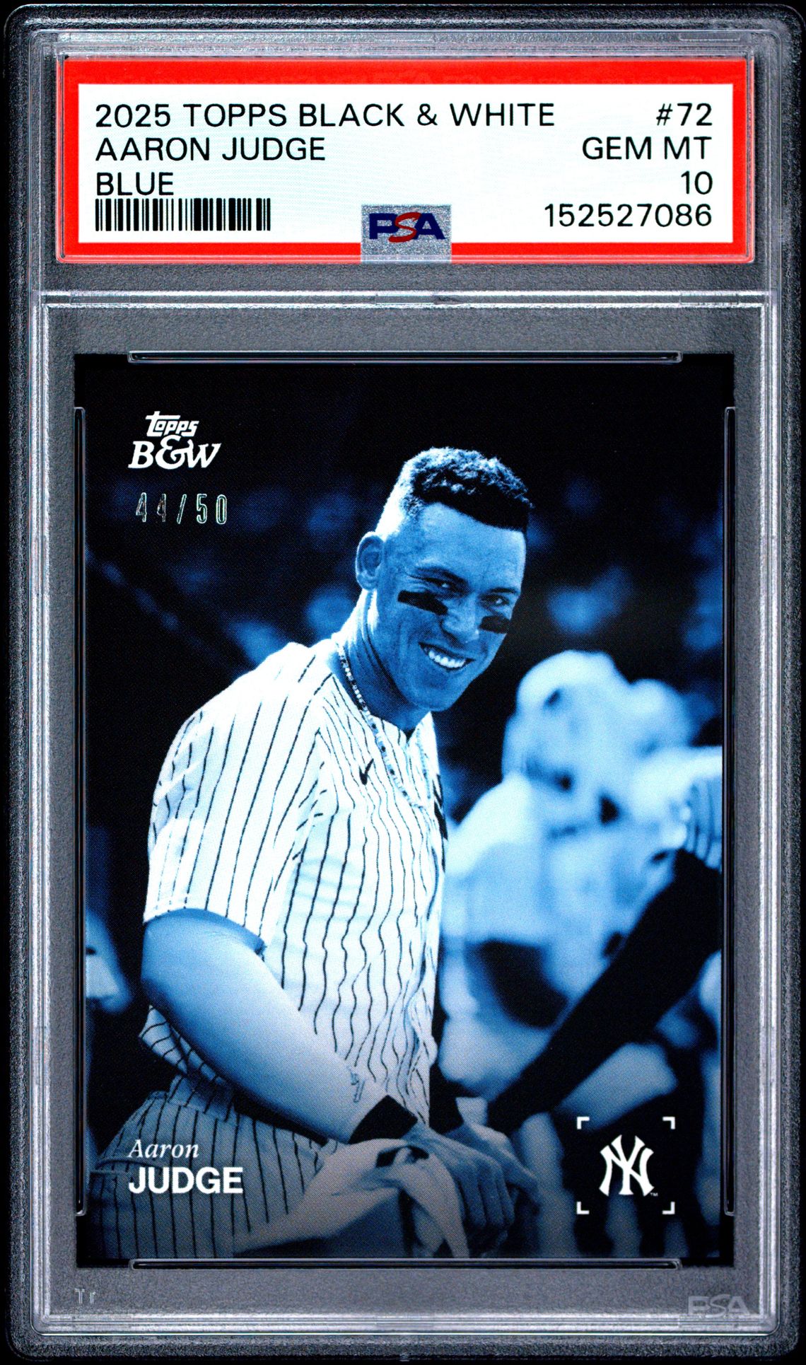 2025 Topps Black And White Aaron Judge #72 (Blue) Gem Mt 10 front view - PSA graded GEM MT 10