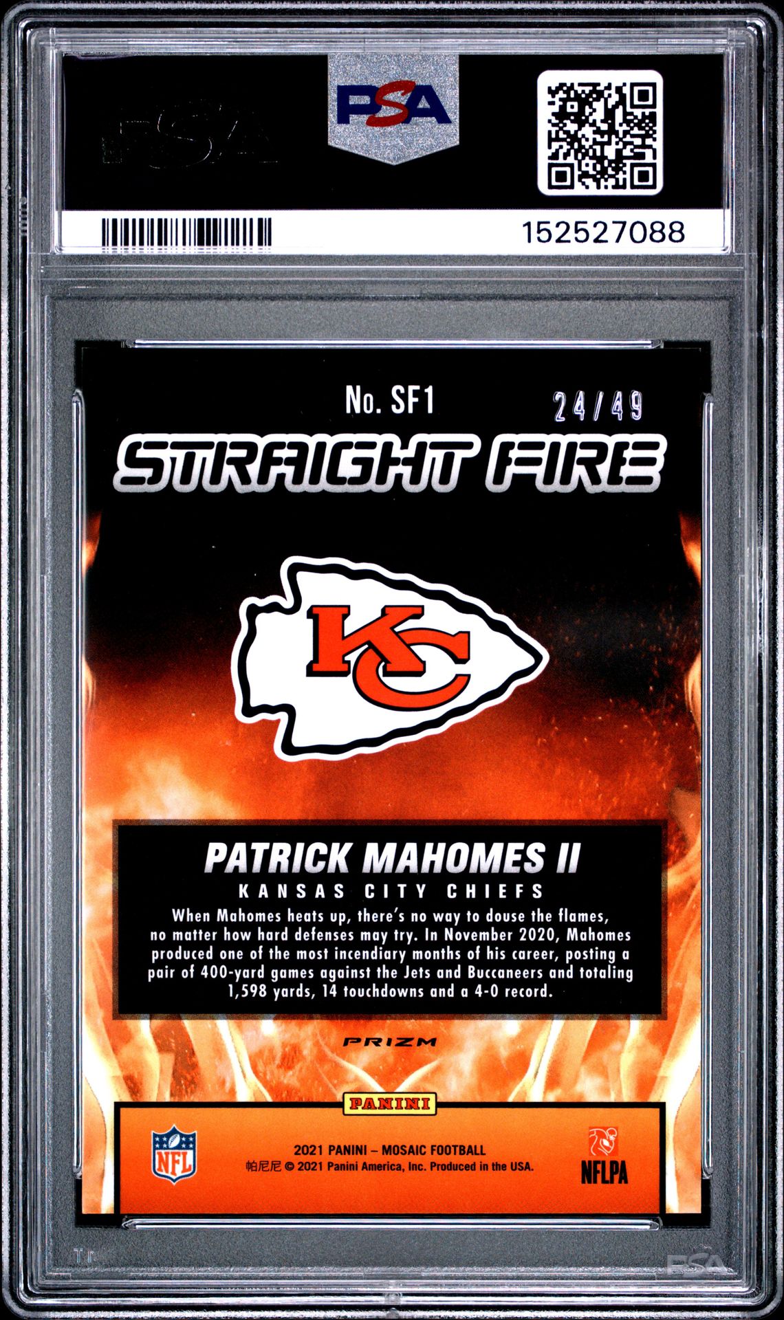2021 Panini Mosaic Straight Fire Patrick Mahomes Ii #Sf1 (Strght.fire-Purple Mosaic) Mint 9 back